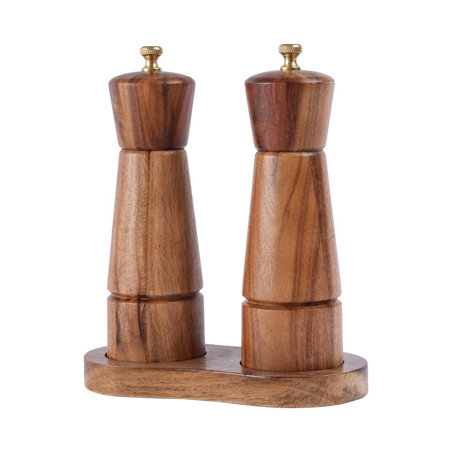 DeroTeno DeroTeno Adjustable Salt and Pepper Grinder Set with Tray Stainless Steel and Acacia Wood 16.5 cm Height Perfect for Kitchen Use