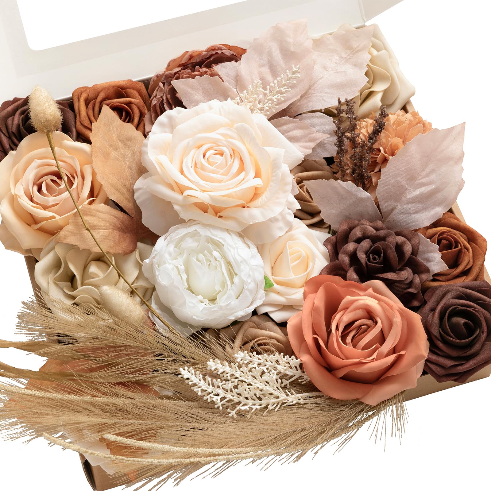 Ling's moment Fake Flowers Box, Faux Artificial Greenery Stems Foam Roses Gardenia Silk Peony Pampas Fabic Flower for Centerpieces Bouquet Wedding