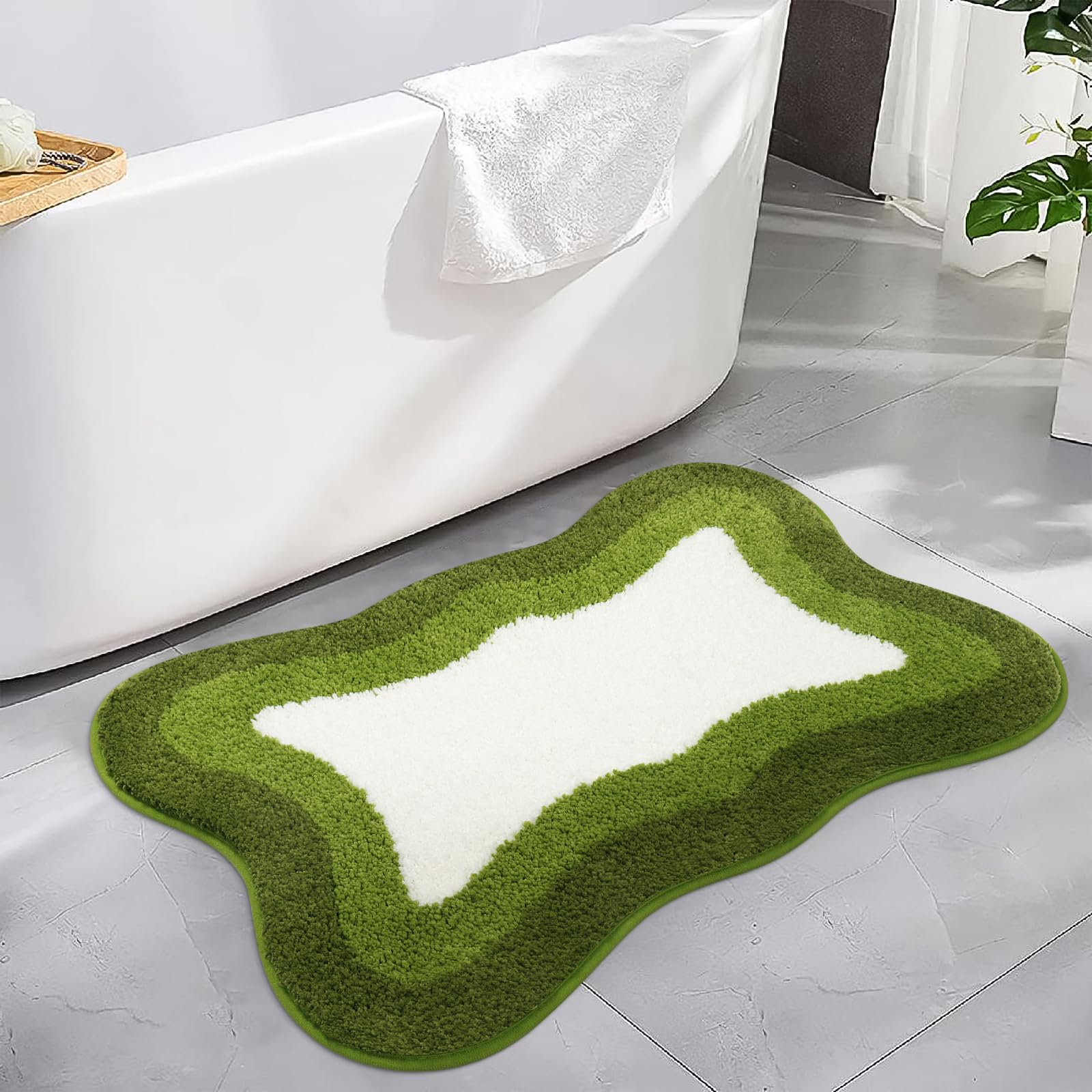 HAOCOO Bath Mats for Bathroom Non Slip, 18x25 inch Green Gradient Irregular Shape Cute Bath Mat, Microfiber Washable Absorbent Carpet Floor Mats for