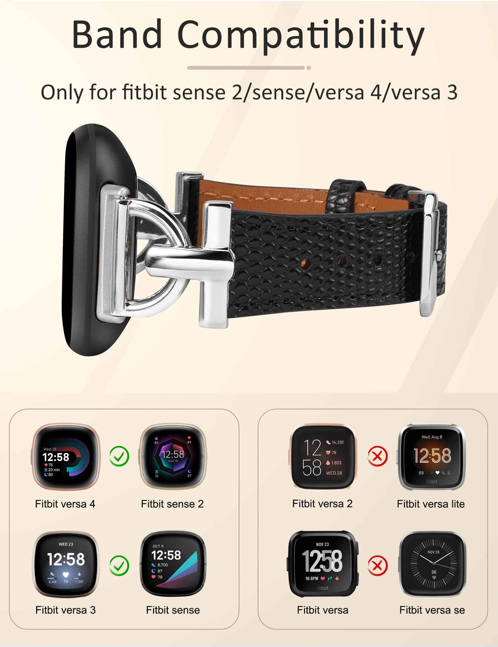 Wearlizer Women's Leather Band for Fitbit Versa 3 4 Sense 2 - Elegant D-Shape Metal Buckle, Premium Leather, Skin-Friendly, Secure Connectors, 1 Year - View 3 of 6