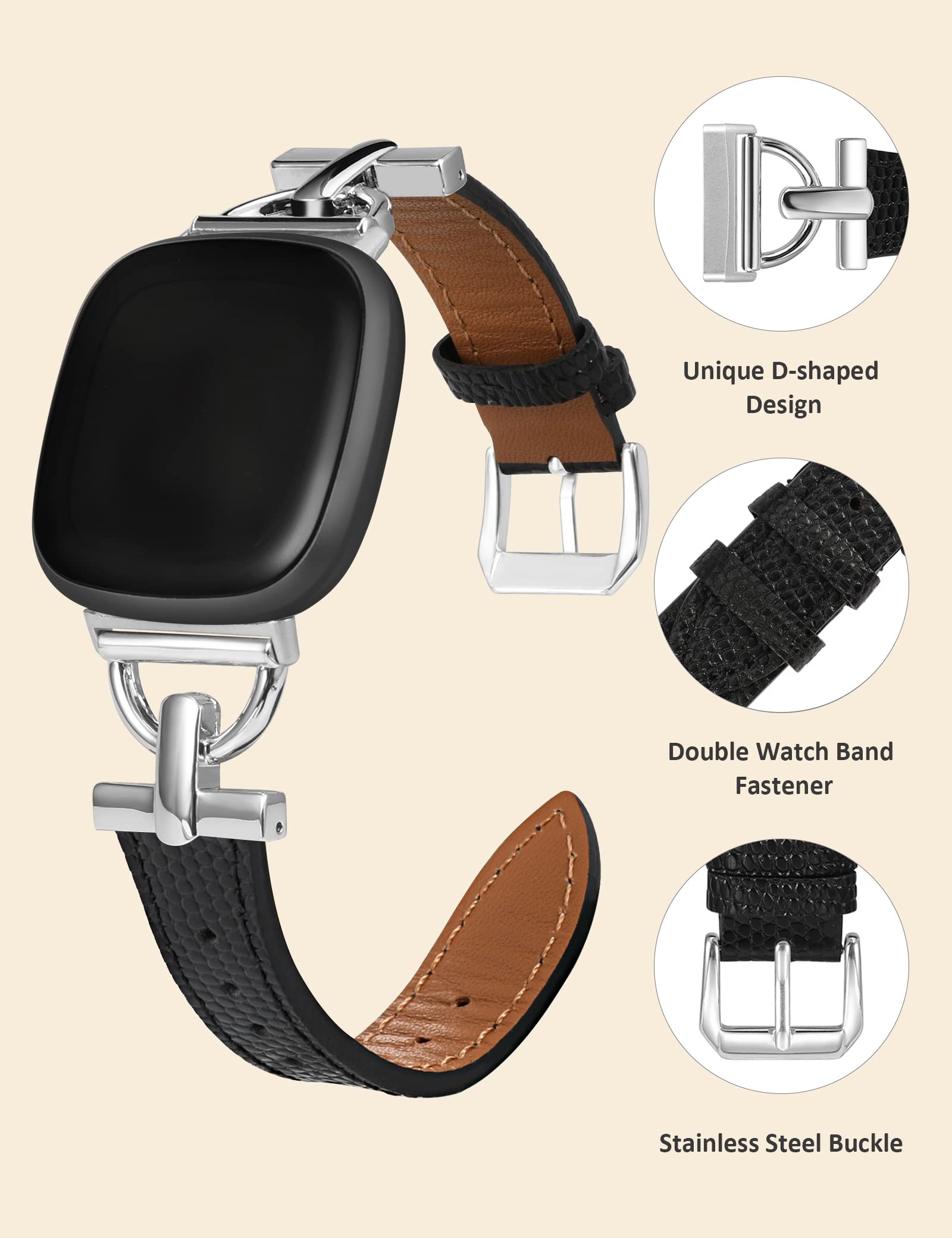Wearlizer Women's Leather Band for Fitbit Versa 3 4 Sense 2 - Elegant D-Shape Metal Buckle, Premium Leather, Skin-Friendly, Secure Connectors, 1 Year - View 4 of 6