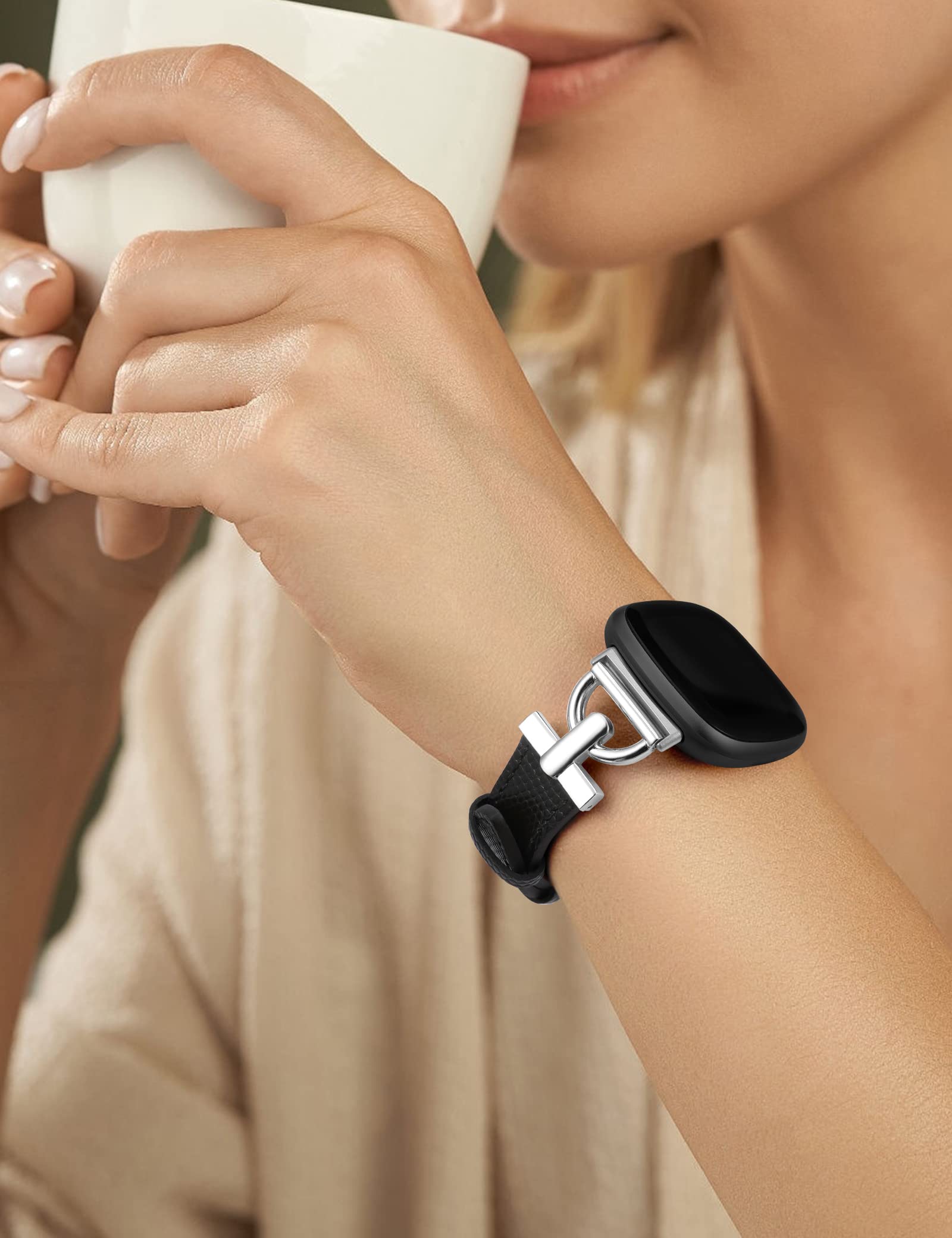 Wearlizer Women's Leather Band for Fitbit Versa 3 4 Sense 2 - Elegant D-Shape Metal Buckle, Premium Leather, Skin-Friendly, Secure Connectors, 1 Year - View 5 of 6