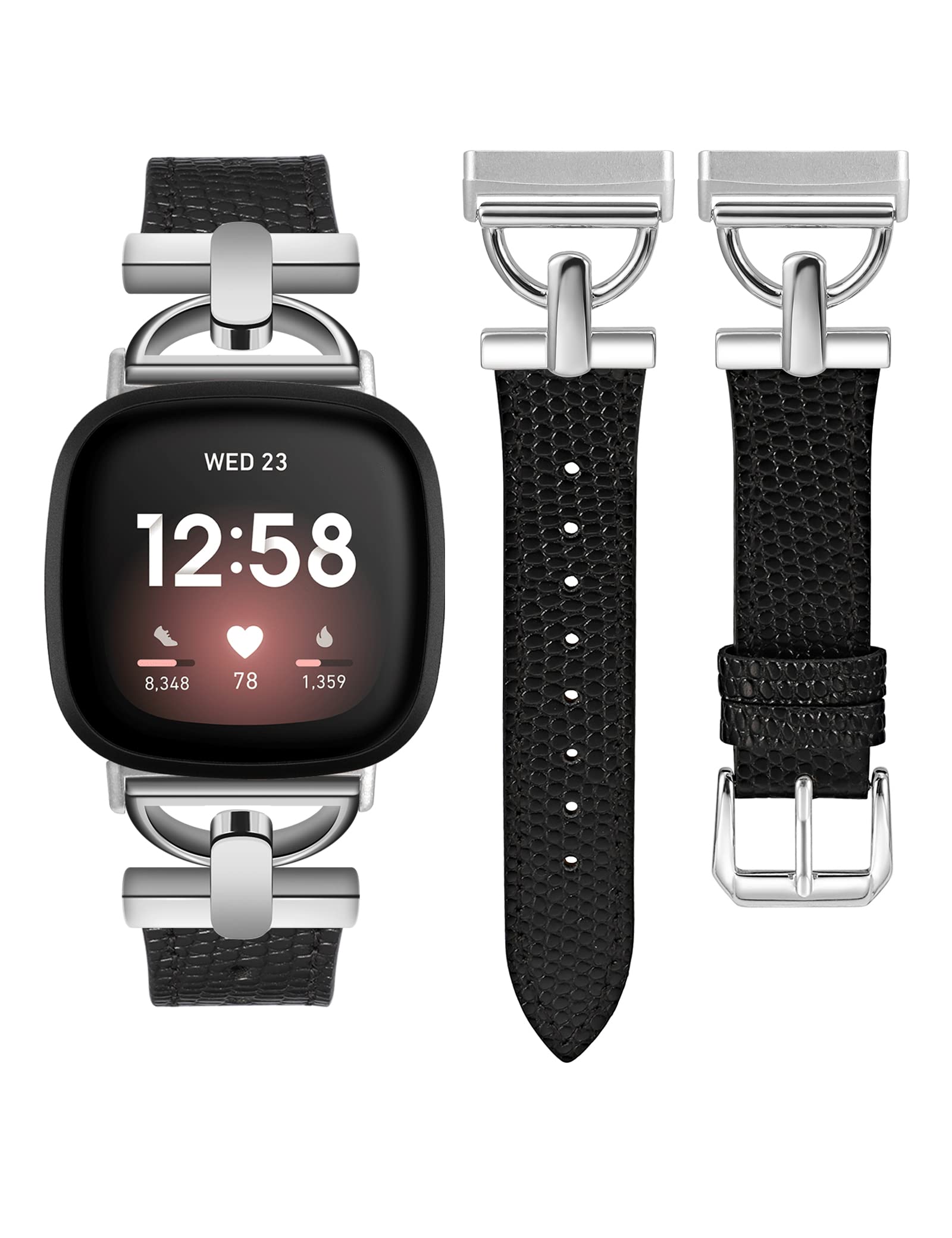 Wearlizer Women's Leather Band for Fitbit Versa 3 4 Sense 2 - Elegant D-Shape Metal Buckle, Premium Leather, Skin-Friendly, Secure Connectors, 1 Year