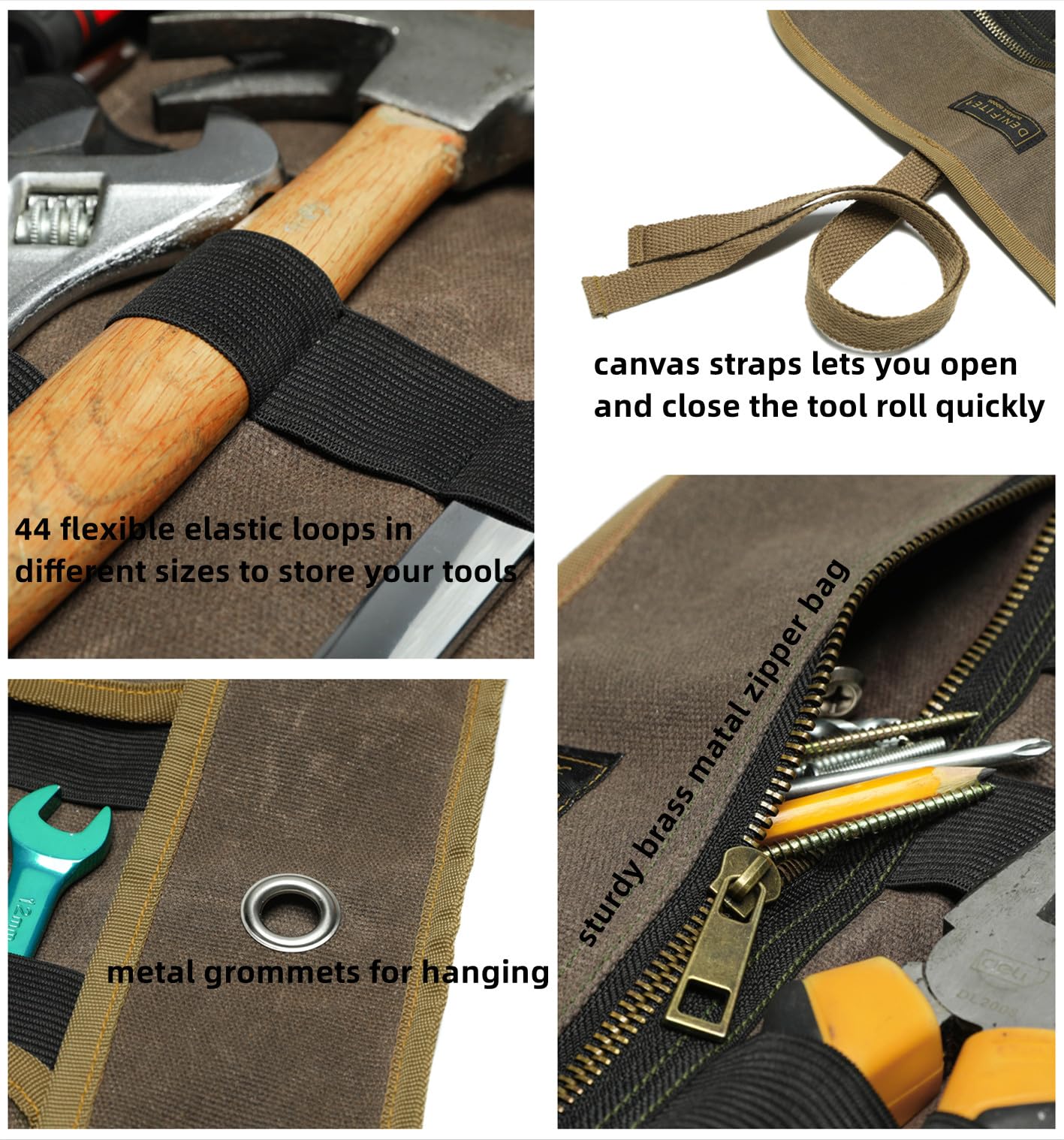 Denifiter Heavy Duty 16OZ Waxed Canvas Tool Bag with Straps and Zipper Compartment for Wrenches and Tools in Grey - View 3 of 6