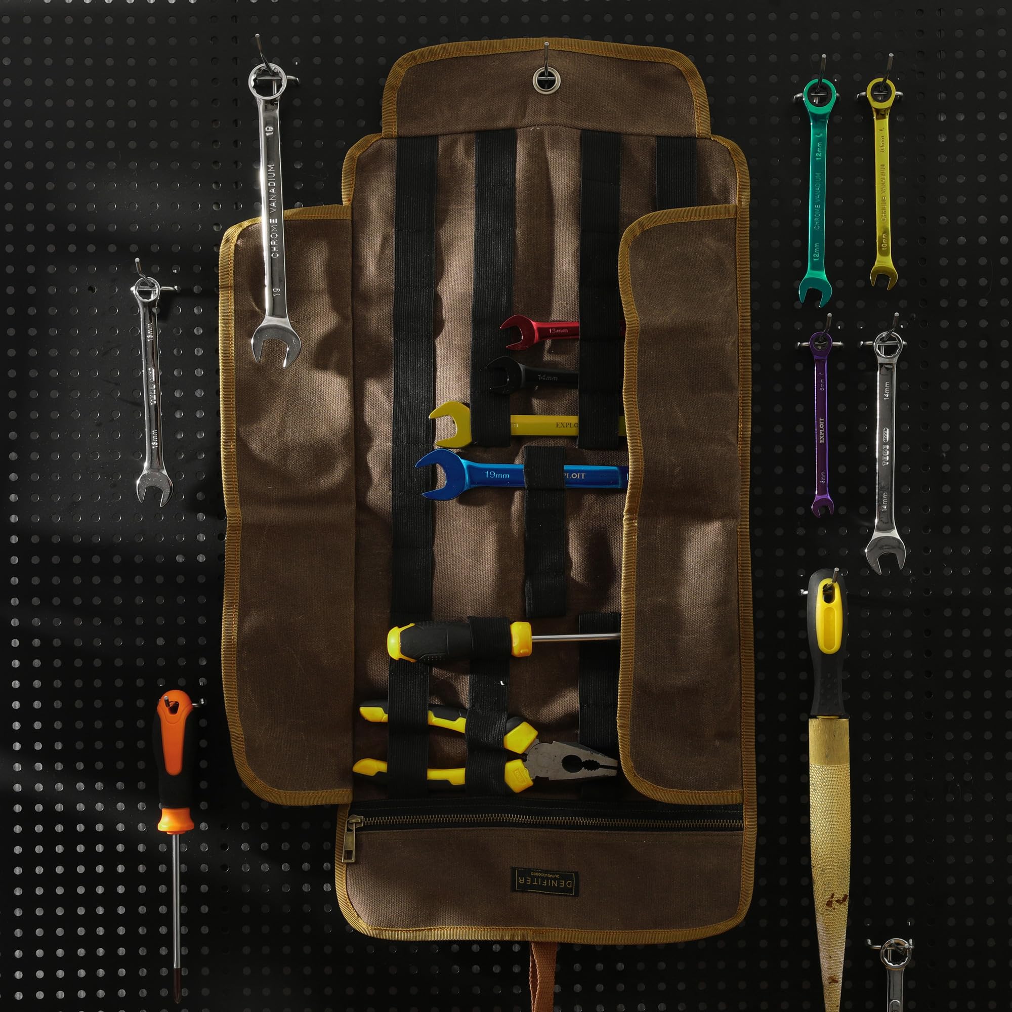 Denifiter Heavy Duty 16OZ Waxed Canvas Tool Bag with Straps and Zipper Compartment for Wrenches and Tools in Grey - View 6 of 6