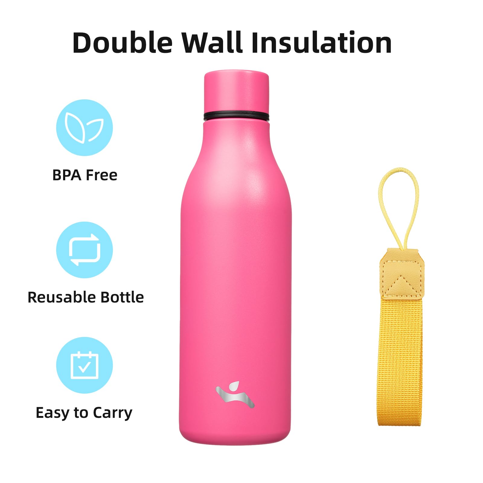 Konokyo Konokyo 18 oz Insulated Water Bottle with Strap Double Wall Stainless Steel Vacuum Flask Pink - View 3 of 7
