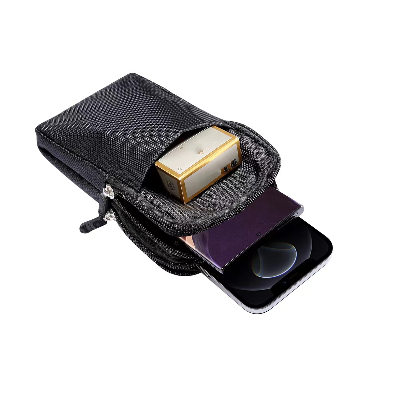 Multifunction Dual Phone Holster Men, Nylon Cell Phone Case Holder Mens Belt Pouch Loop Clip, Smartphone Belt Wallet Purse 2 Zipper Pockets - View 5 of 9