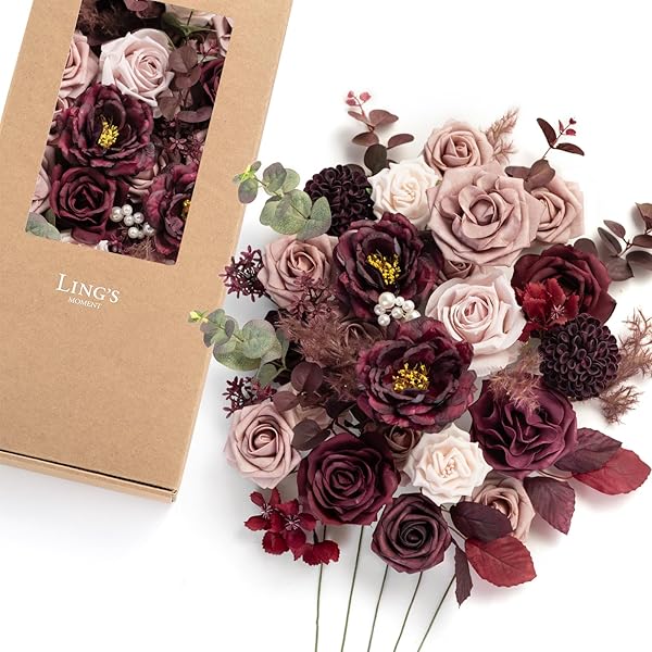 Ling's Moment Burgundy Dusty Rose Artificial Flowers and Greenery Combo Box Set for DIY Wedding Bouquets and Centerpieces Decor