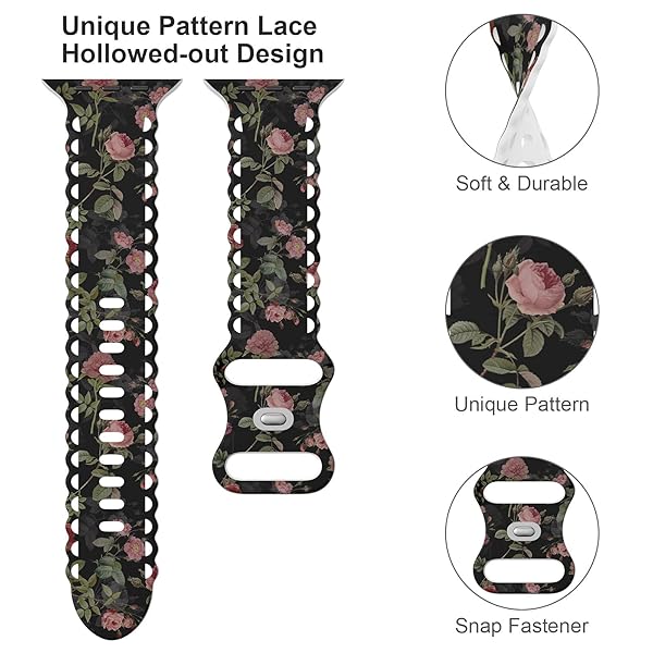 UpfurMach Rose Floral Print Silicone Bands for Apple Watch 38mm-49mm - Stylish & Soft for Women & Girls - View 5 of 8