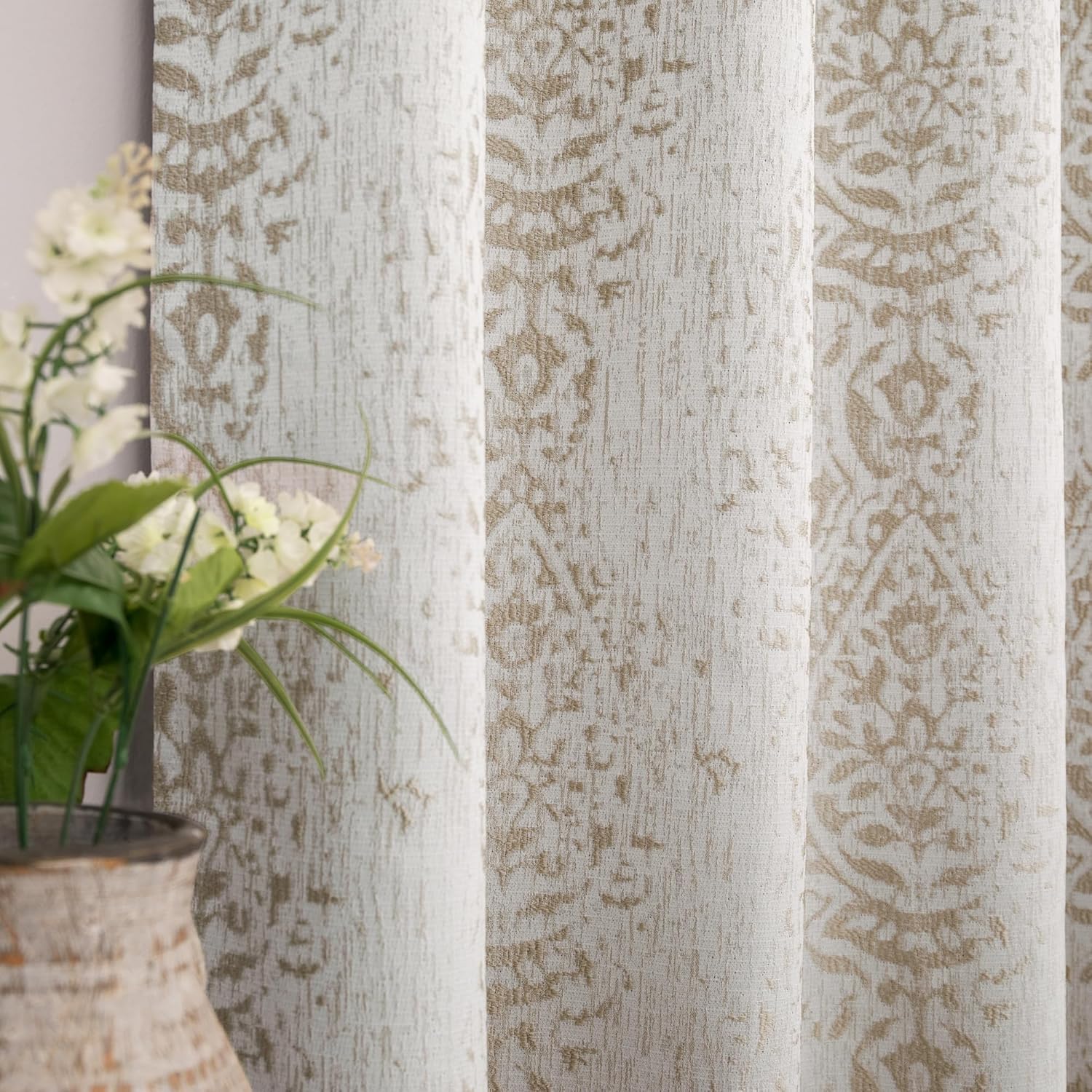 Mrs.Naturall Mrs Naturall Tan Paisley Curtains 96 Inch Length 50 Percent Blackout Boho Print Extra Long Tufted for Bedroom and Living Room 52x96 Inches