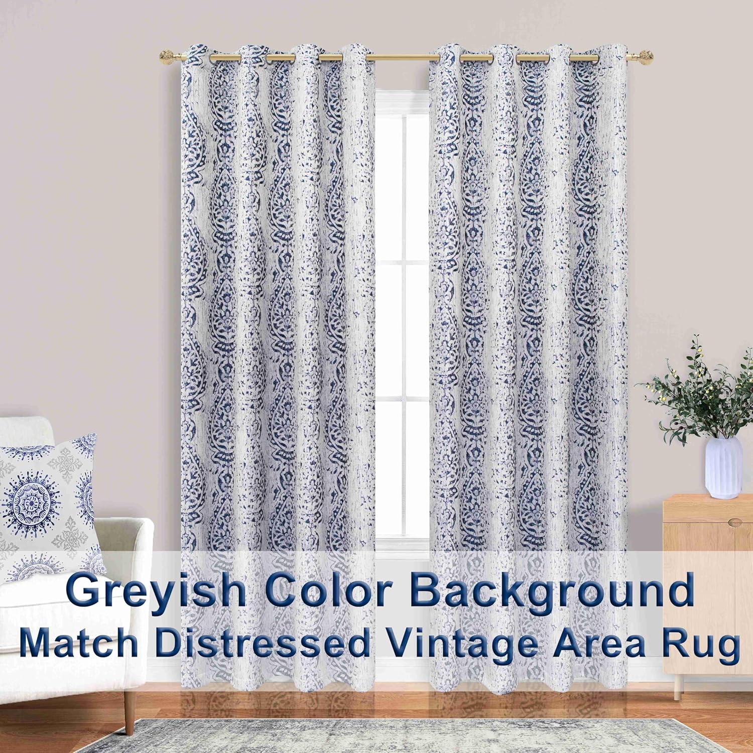 Mrs.Naturall Mrs Naturall Navy Blue 96 Inch Long Curtains 2 Panel Set Blackout Boho Floral Print for Sliding Glass Door Living Room - View 4 of 9