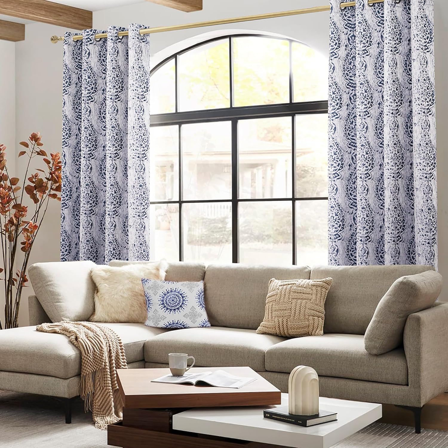 Mrs.Naturall Mrs Naturall Navy Blue 96 Inch Long Curtains 2 Panel Set Blackout Boho Floral Print for Sliding Glass Door Living Room - View 5 of 9