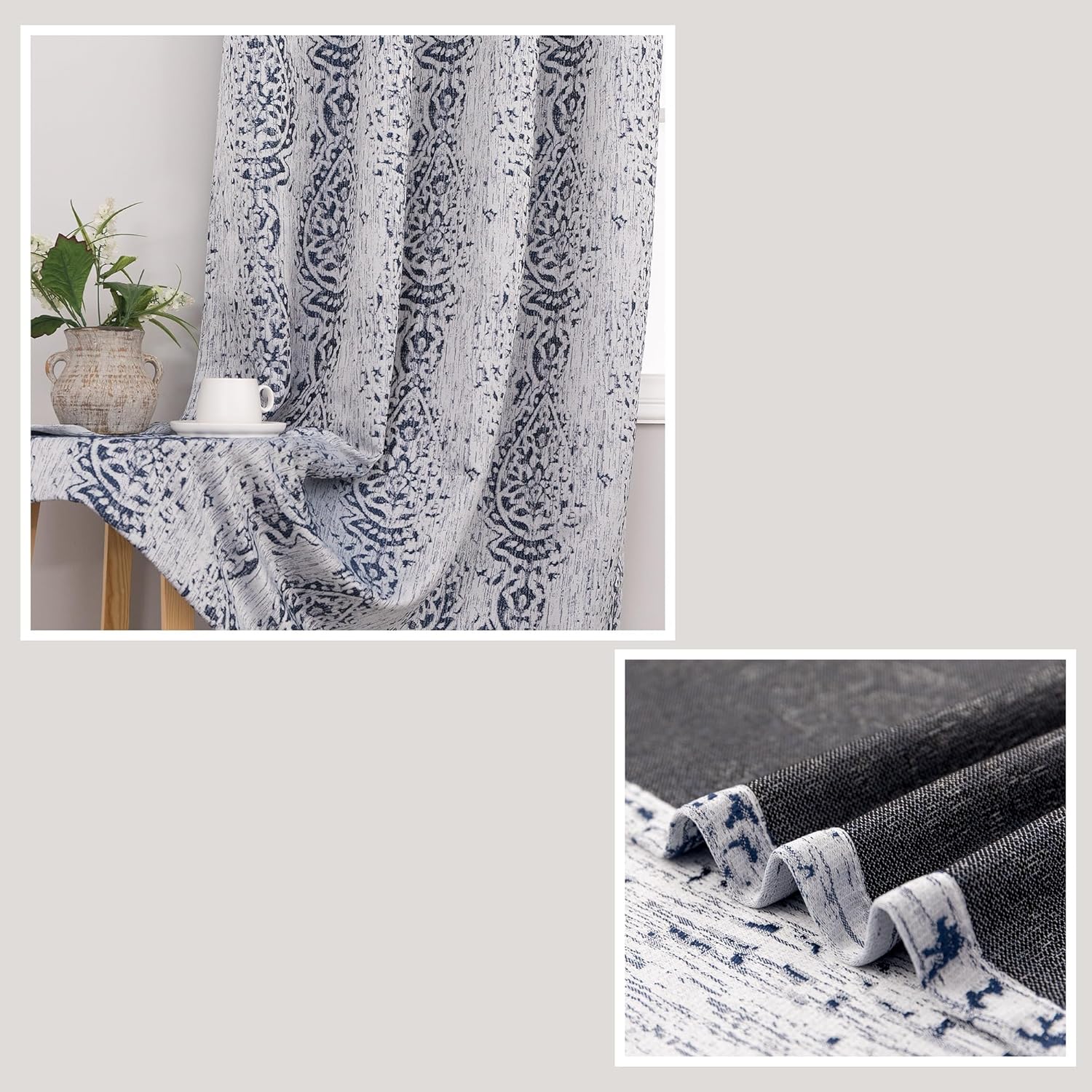 Mrs.Naturall Mrs Naturall Navy Blue 96 Inch Long Curtains 2 Panel Set Blackout Boho Floral Print for Sliding Glass Door Living Room - View 6 of 9