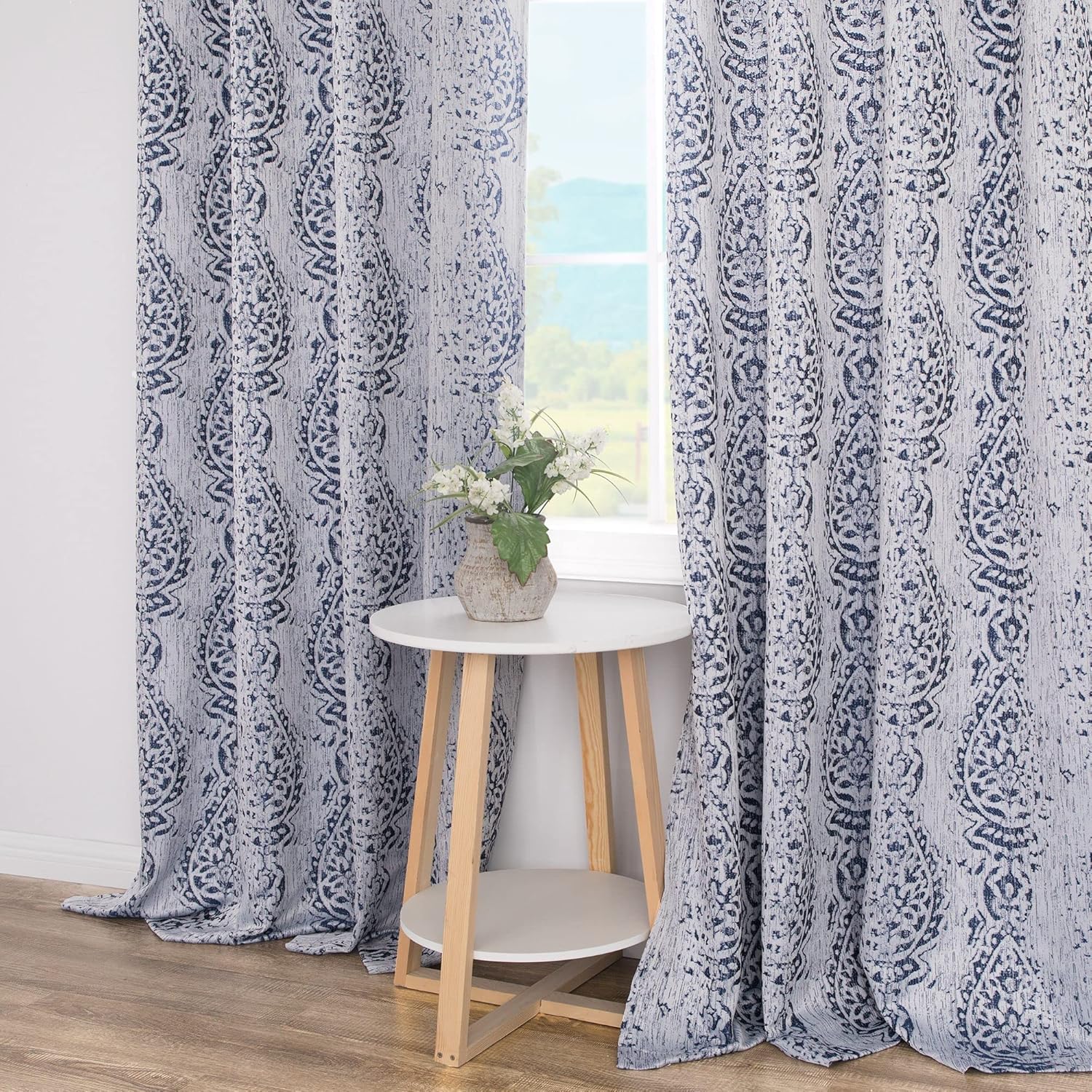 Mrs.Naturall Mrs Naturall Navy Blue 96 Inch Long Curtains 2 Panel Set Blackout Boho Floral Print for Sliding Glass Door Living Room - View 8 of 9