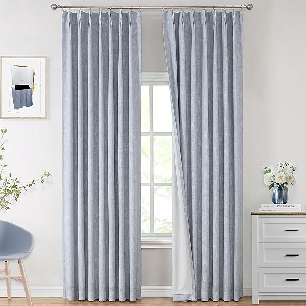 Vision Home Vision Home Chambray Blue Pinch Pleated Full Blackout Curtains Room Darkening Thermal Insulated Drapes 2 Panel 40Wx108L for Living Room Bedroom - View 3 of 10