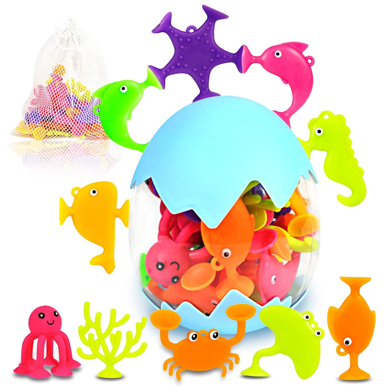 Texviko Suction Bath Toys for Kids 18 Pcs Silicone Ocean Animals Mold Free Sensory Window Building Toys for Toddlers Ages 3 to 6