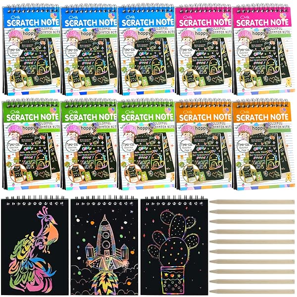Blcculi Blcculi 10 Pack Rainbow Scratch Notebooks for Kids Fun Arts and Crafts Activity with Wooden Stylus Perfect for Party Favors