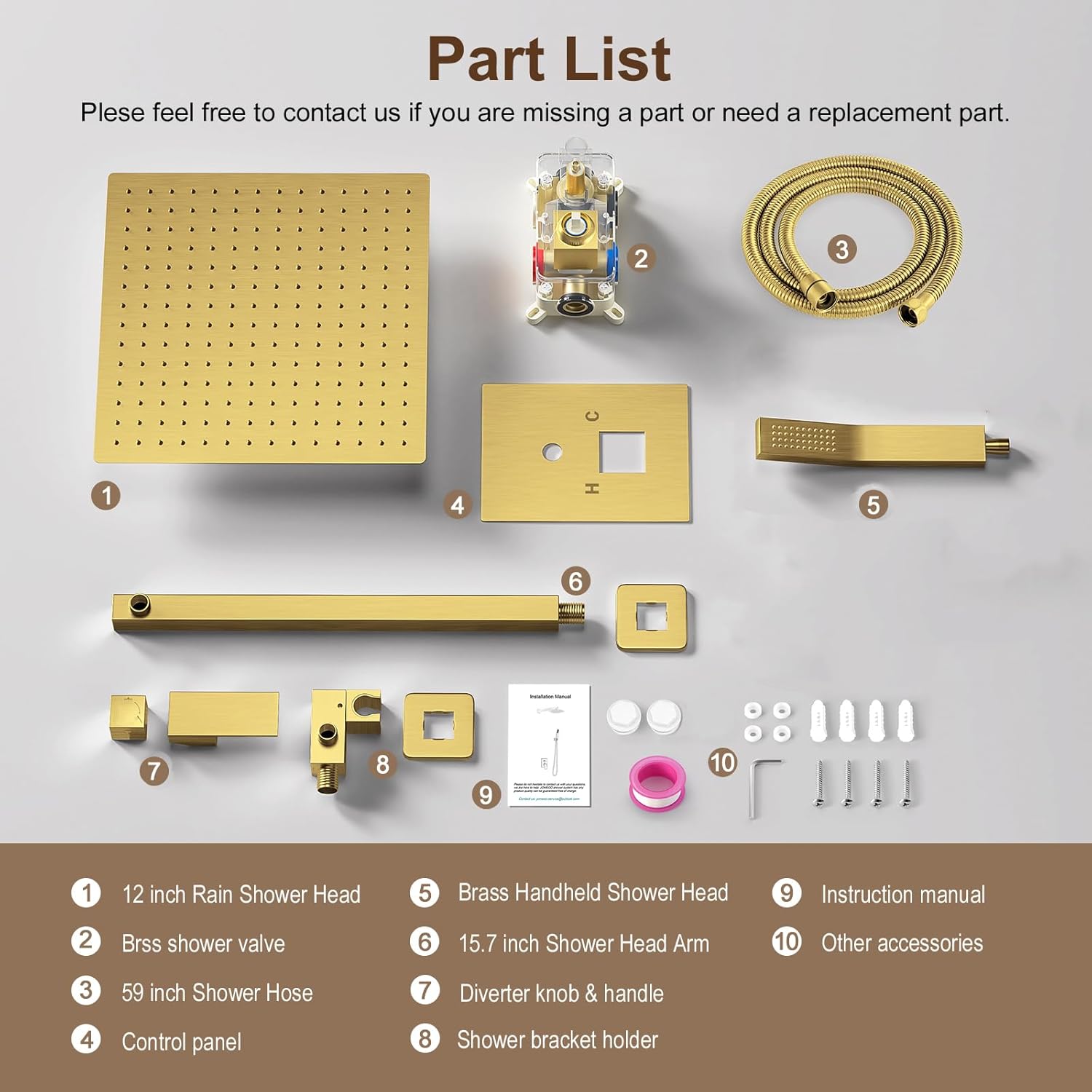 JOMEOO JOMEOO 12 Inch Brushed Gold Shower System High Pressure Rain Shower Head with Handheld Sprayer Luxury Bathroom Faucet Set - View 7 of 7