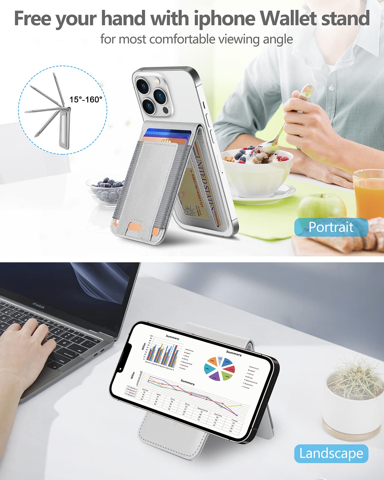 ExtreLife ExtreLife 2-in-1 Magsafe Wallet and Phone Stand for iPhone 16 15 14 Pro Max 14 Pro 14 14 Plus 13 12 Series Gray Vegan Leather 9 Card Holder - View 2 of 8