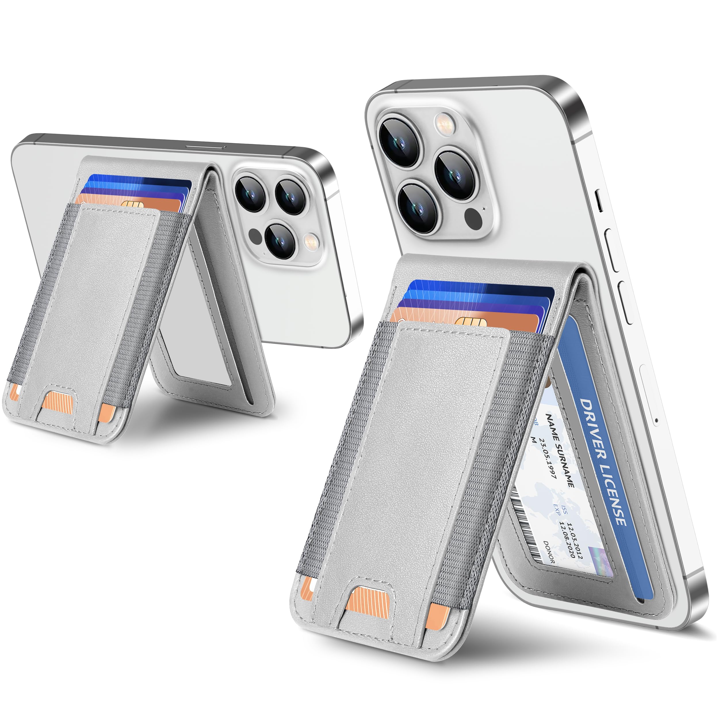 ExtreLife 2-in-1 Magsafe Wallet and Phone Stand for iPhone 16 15 14 Pro Max 14 Pro 14 14 Plus 13 12 Series Gray Vegan Leather 9 Card Holder