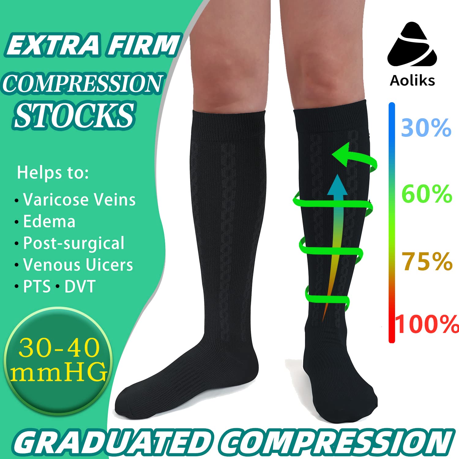Aoliks Aoliks 30-40 mmHg Medical Compression Socks for Men and Women Extra Firm Support Knee High 2 Pack Circulation Socks - View 2 of 6