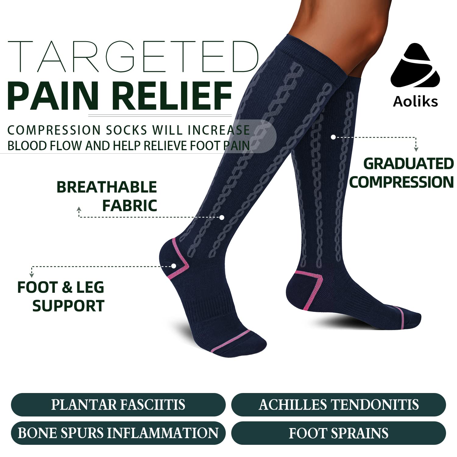 Aoliks Aoliks 30-40 mmHg Medical Compression Socks for Men and Women Extra Firm Support Knee High 2 Pack Circulation Socks - View 3 of 6