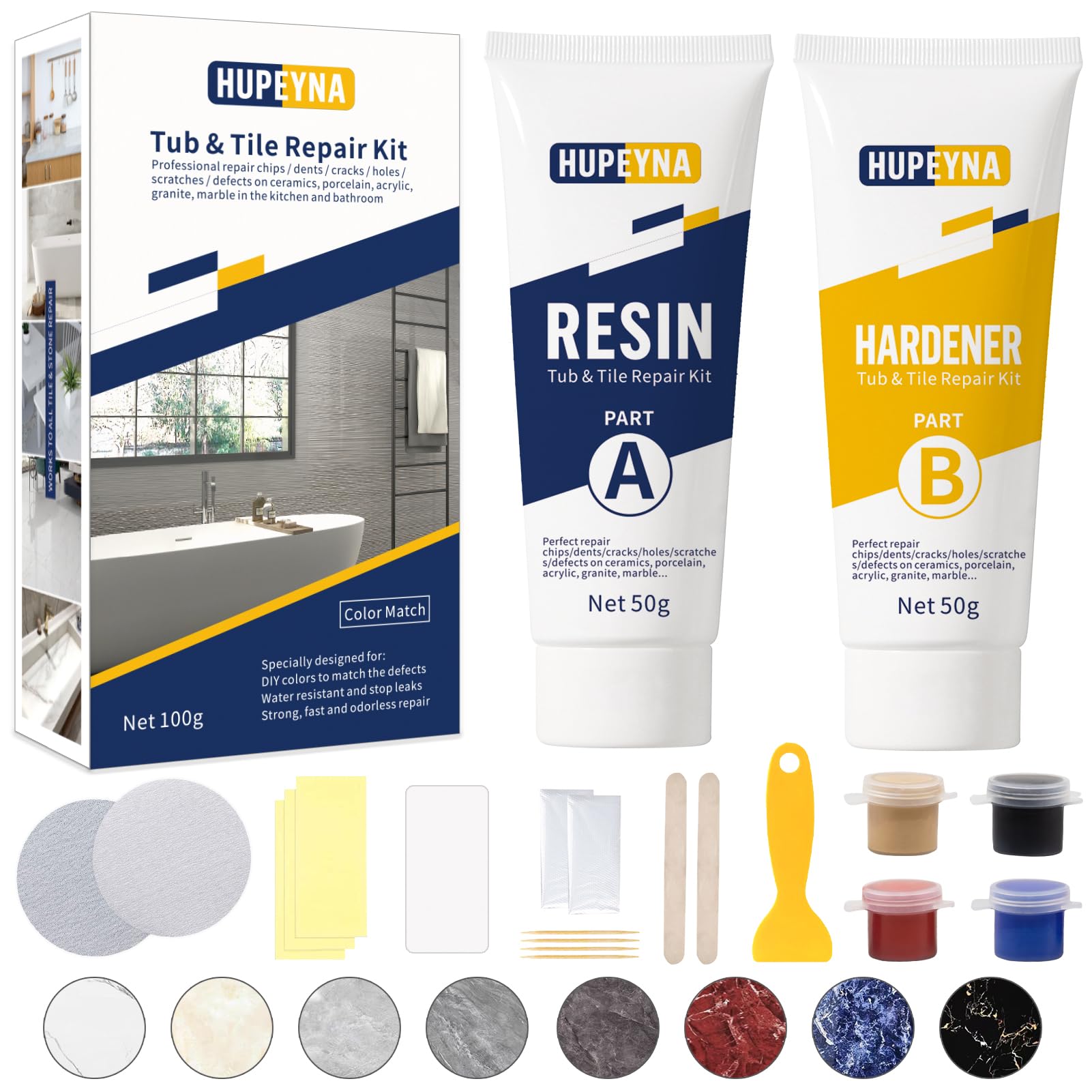 Hupeyna Hupeyna Tub Tile Shower Repair Kit for Chips Dents Cracks Holes Scratchs Fiberglass with Color Match Options
