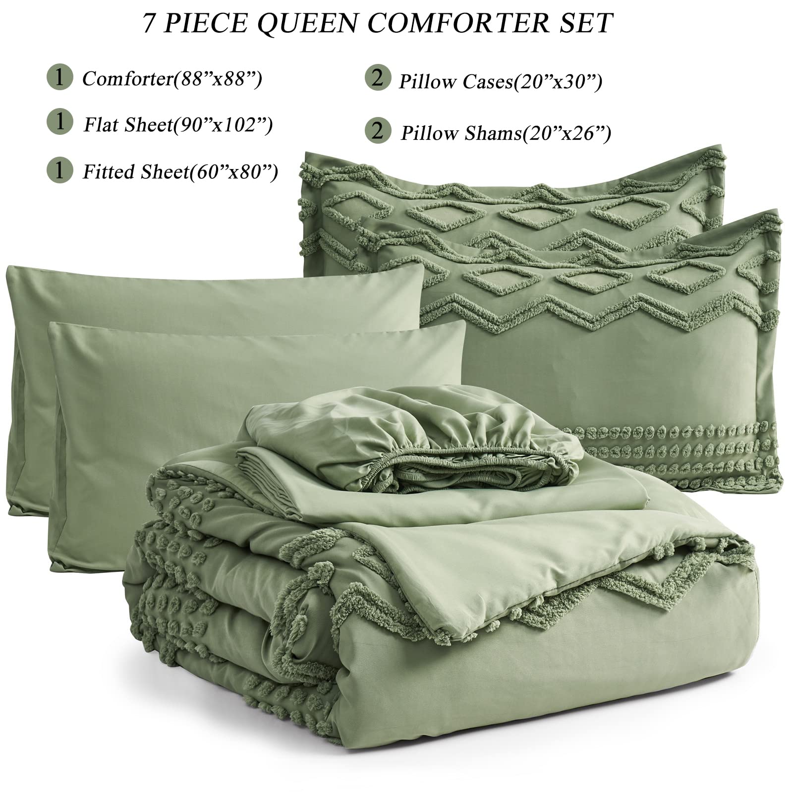 KAKIJUMN Sage Green Tufted Comforter Set Queen Size 7 Piece Bed in a Bag Shabby Chic Boho Pom Pom Textured All Season Soft Microfiber Bedding Set - View 2 of 7