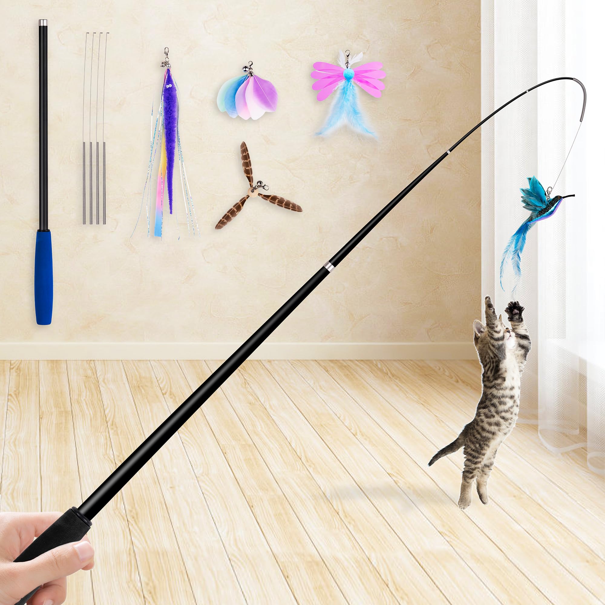 JXFUKAL JXFUKAL 2024 Cat Toys 2 in 1 Spring Wand with Ultra Long Teaser and Feather Refills for Indoor Kittens and Cats