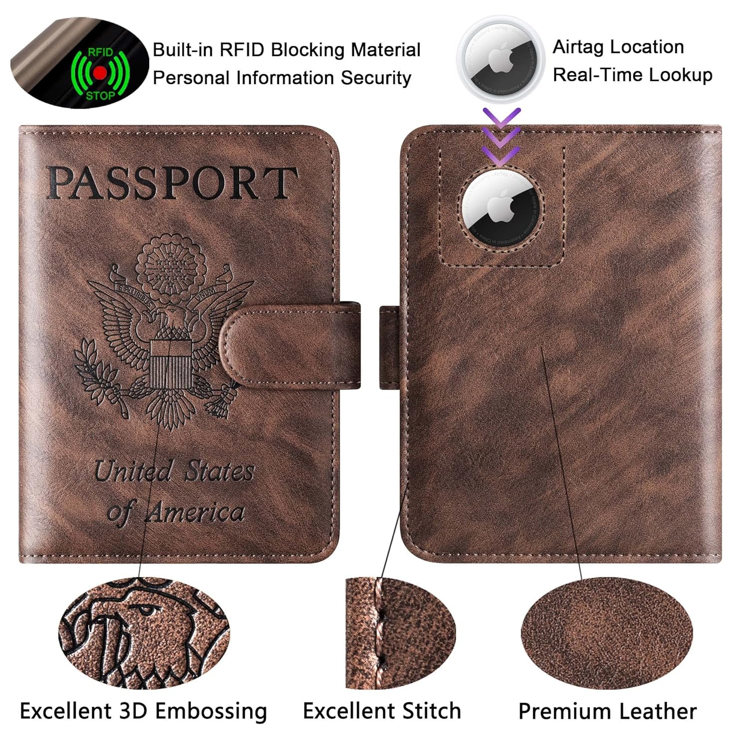 LOHASLIFE Airtag Passport Holder Cover Wallet Leather RFID Blocking Case Travel Accessories for Men Women Must Haves - View 3 of 9