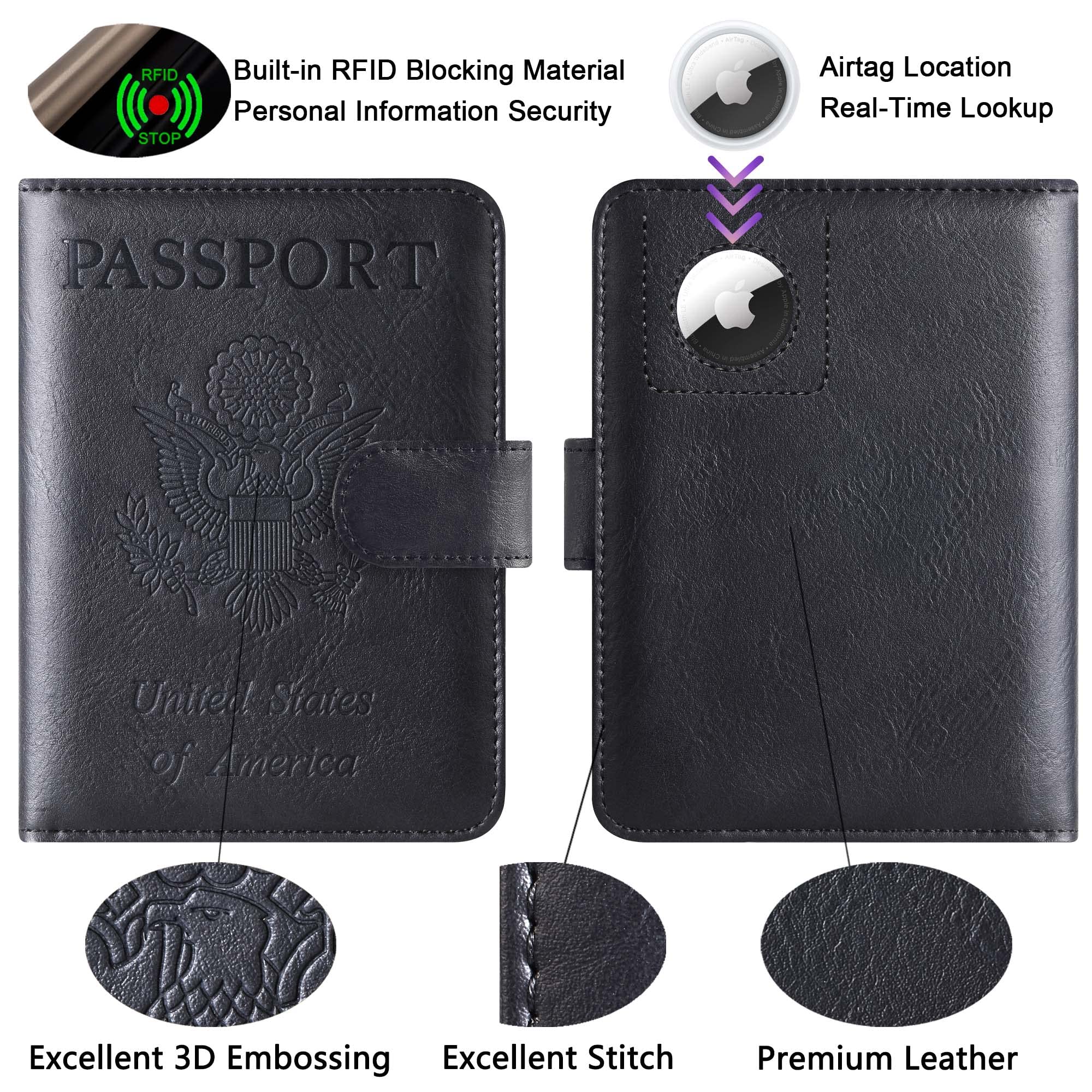 LOHASLIFE Airtag Passport Holder Cover Wallet Leather RFID Blocking Case Travel Accessories for Men and Women Black - View 3 of 9