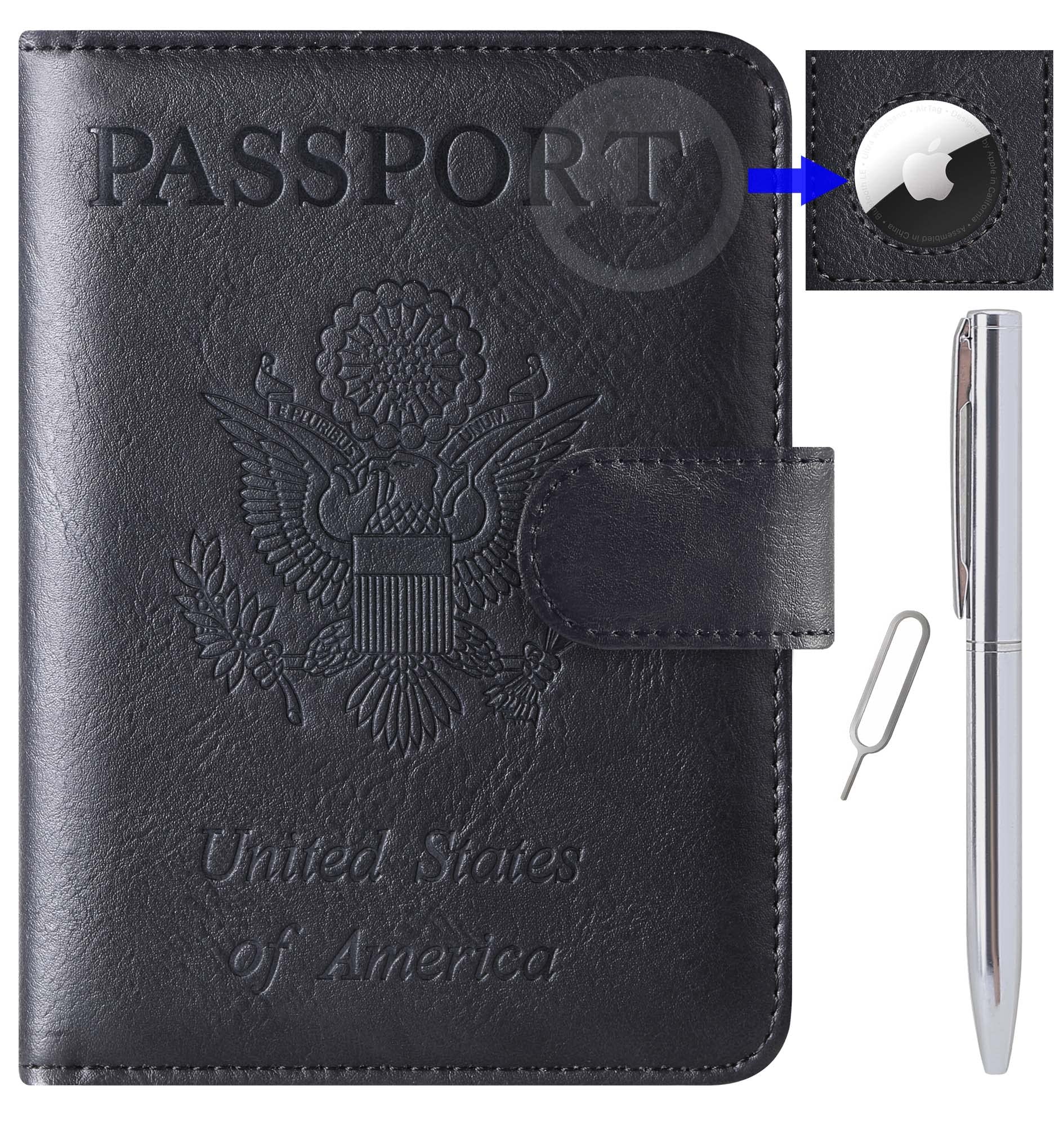 LOHASLIFE Airtag Passport Holder Cover Wallet Leather RFID Blocking Case Travel Accessories for Men and Women Black