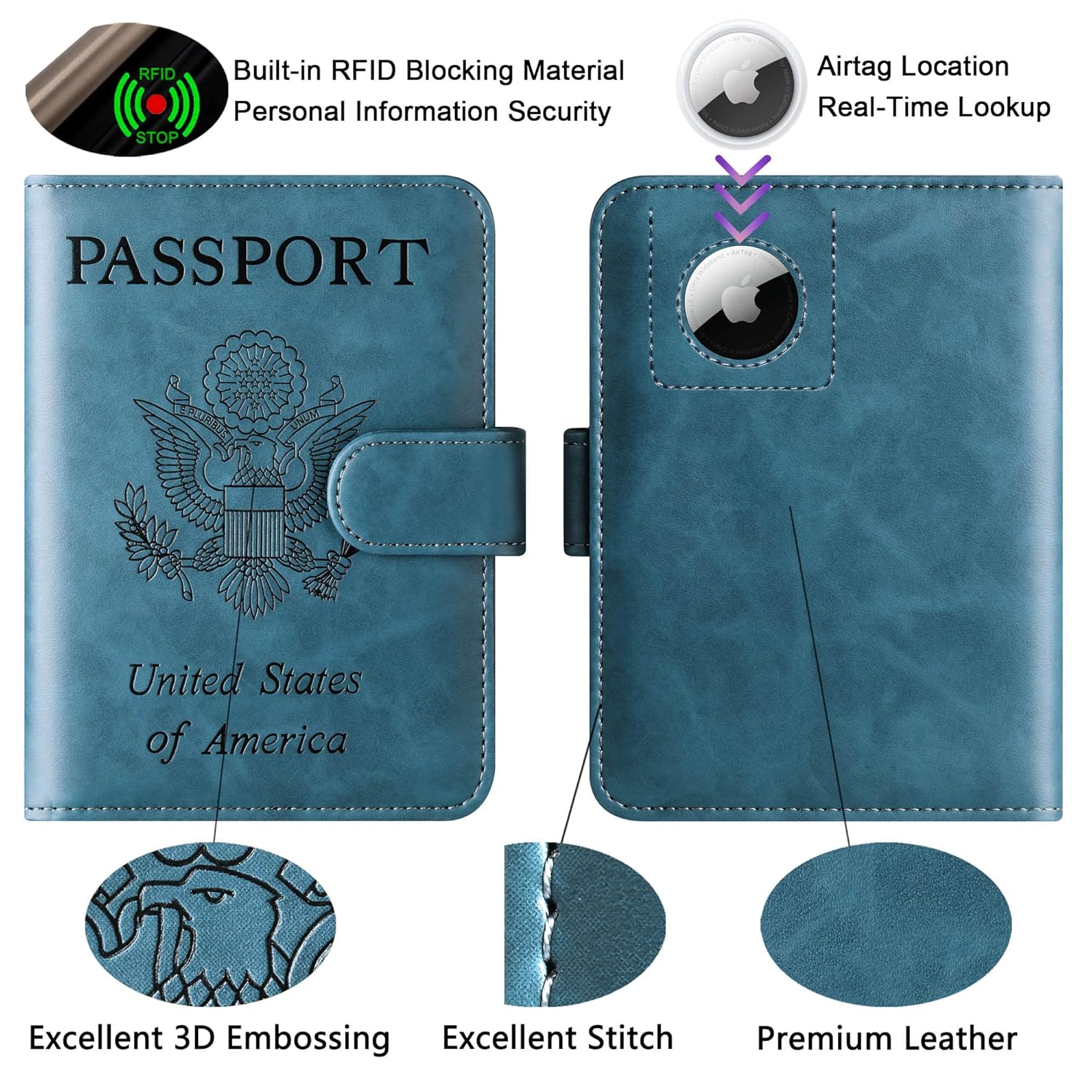 LOHASLIFE Airtag Passport Holder Cover Wallet Leather RFID Blocking Case Travel Accessories for Men Women Blue - View 3 of 9