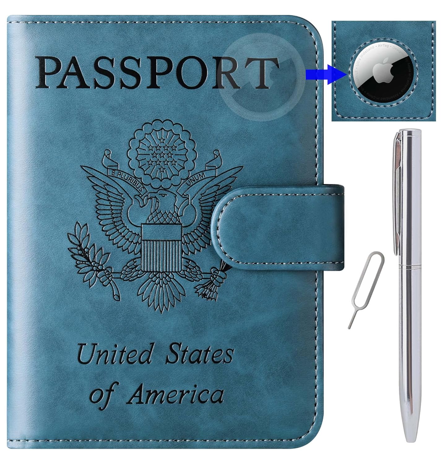 LOHASLIFE Airtag Passport Holder Cover Wallet Leather RFID Blocking Case Travel Accessories for Men Women Blue