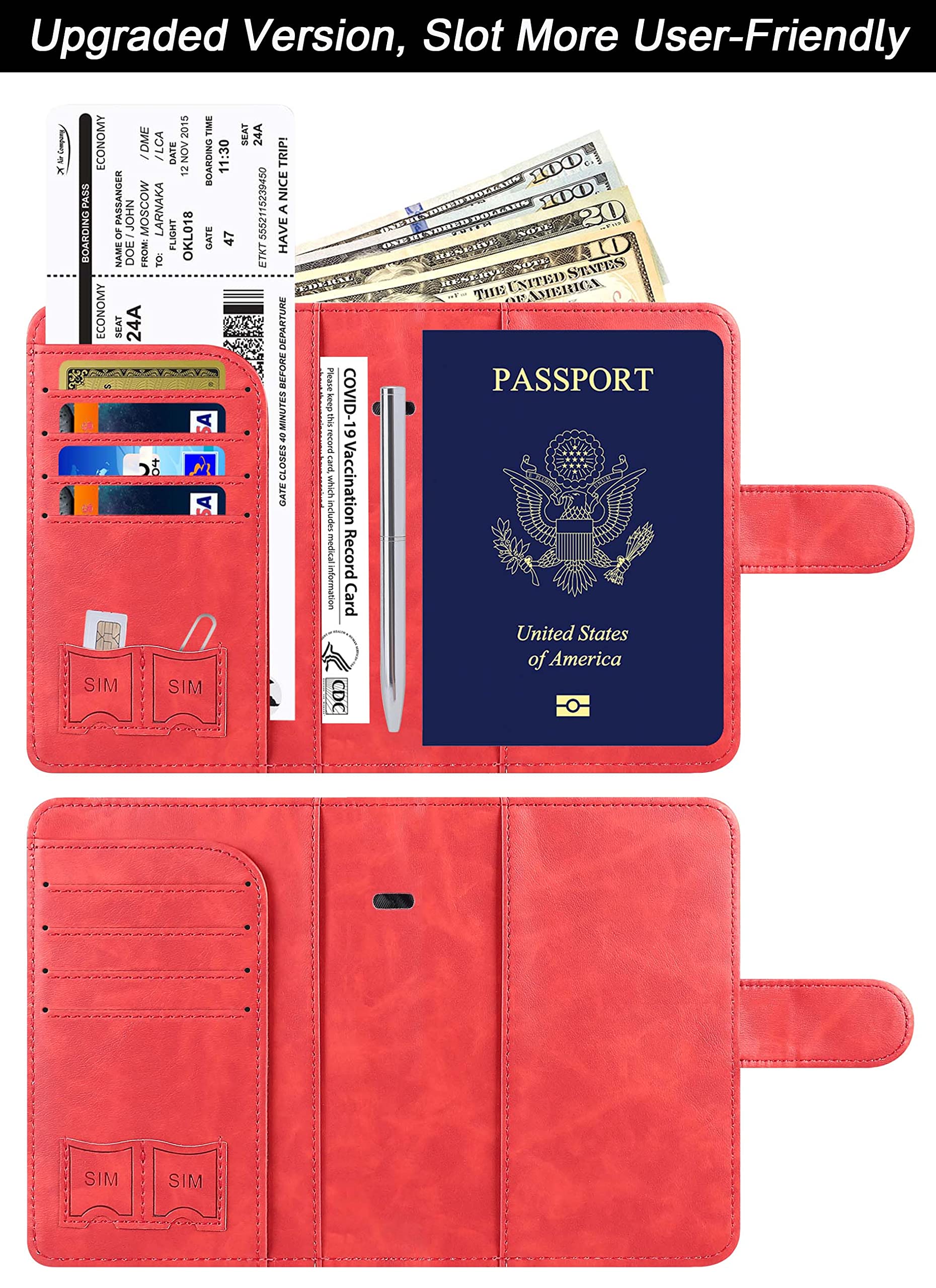 LOHASLIFE Airtag Passport Holder Cover Wallet Leather RFID Blocking Case Travel Accessories for Men Women Red - View 2 of 9