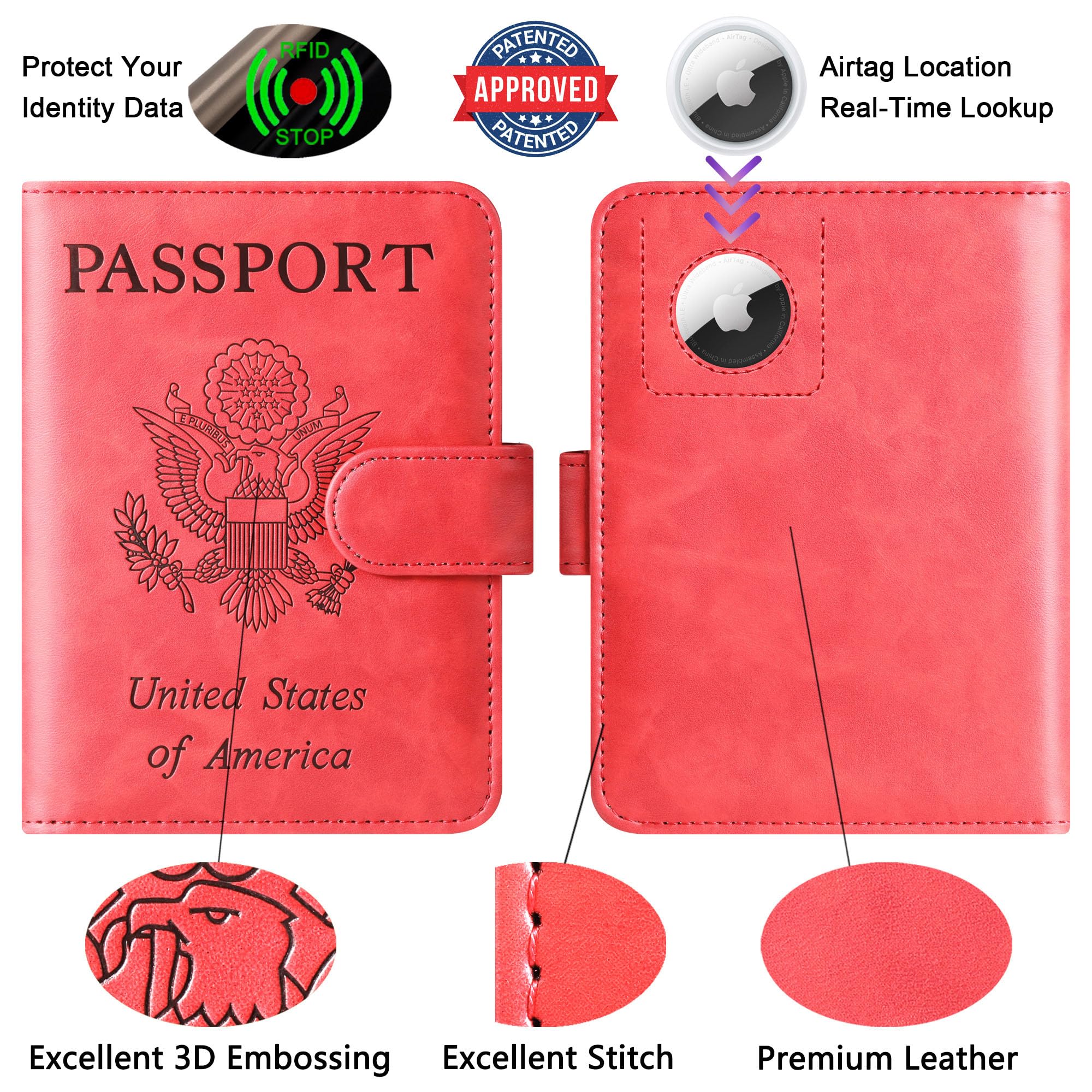 LOHASLIFE Airtag Passport Holder Cover Wallet Leather RFID Blocking Case Travel Accessories for Men Women Red - View 3 of 9
