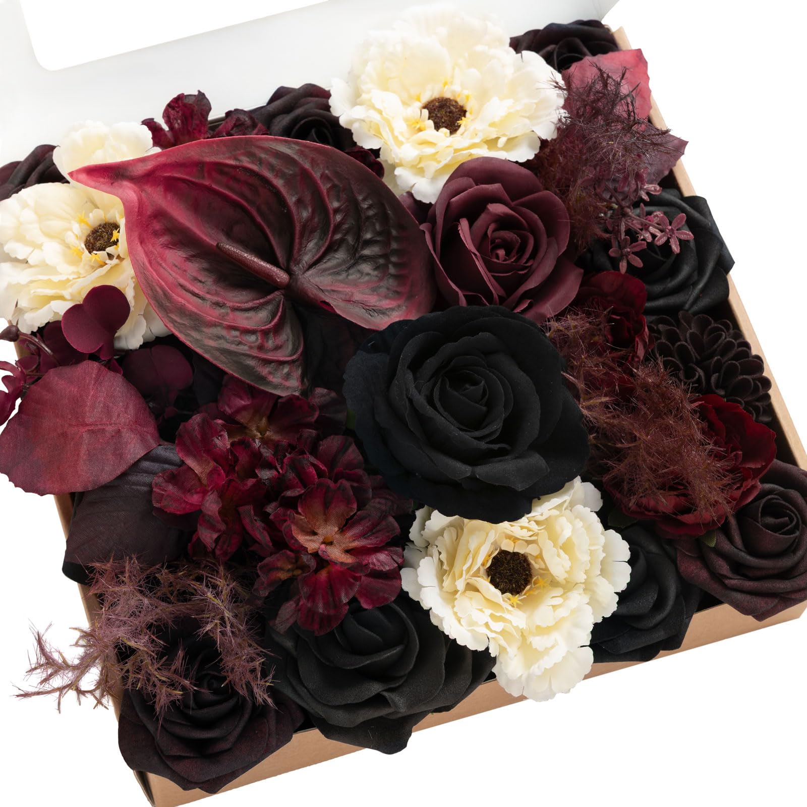 Ling's moment Fake Flowers Box, Faux Artificial Greenery Stems Foam Roses Dahlia Anthurium Silk Hydrangea Fabic Flower for Centerpieces Bouquet