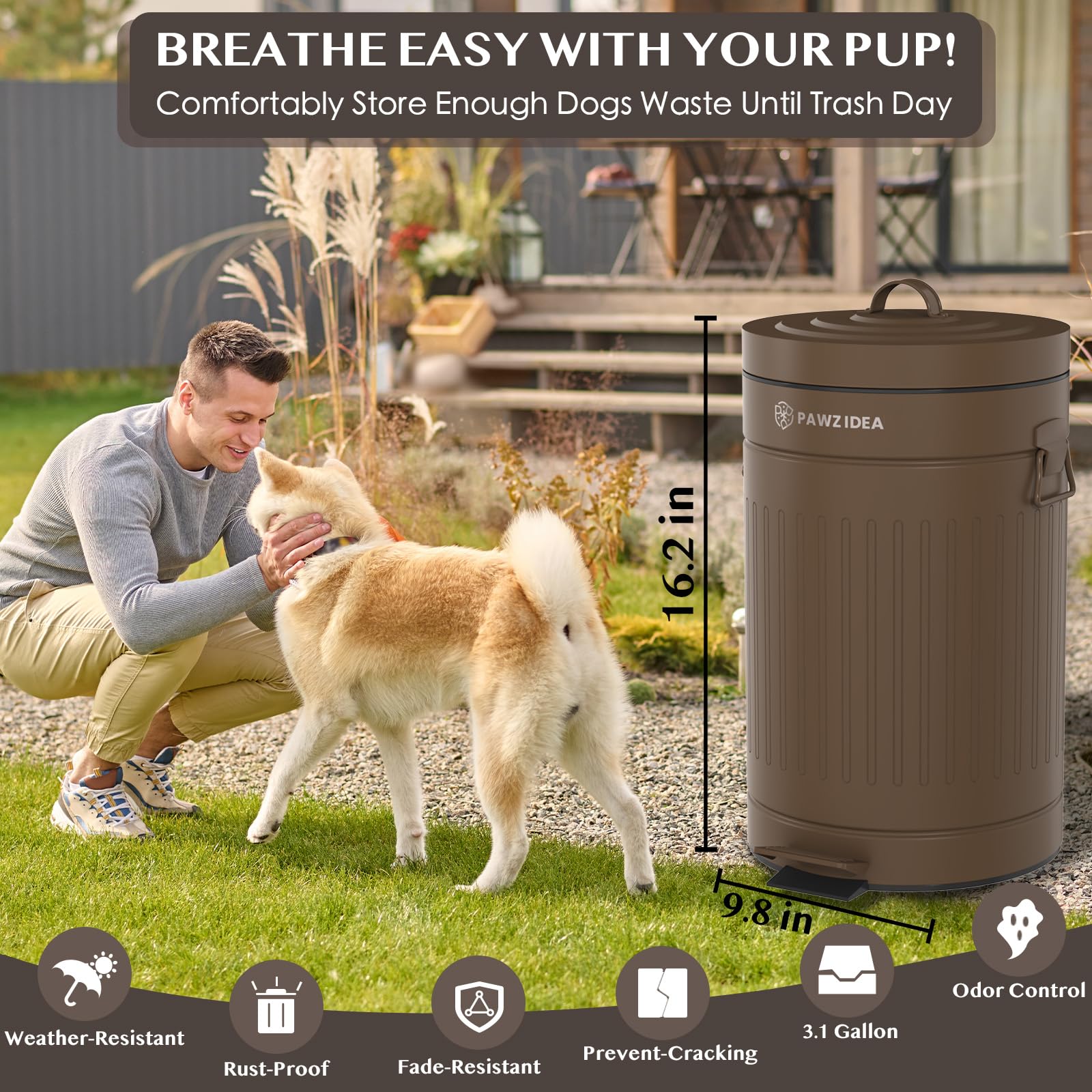 PAWZIDEA PAWZIDEA Outdoor Dog Poop Trash Can with Odor Control Waterproof 3.1 Gallon Waste Container and Activated Carbon Filter for Pet Waste - View 6 of 8