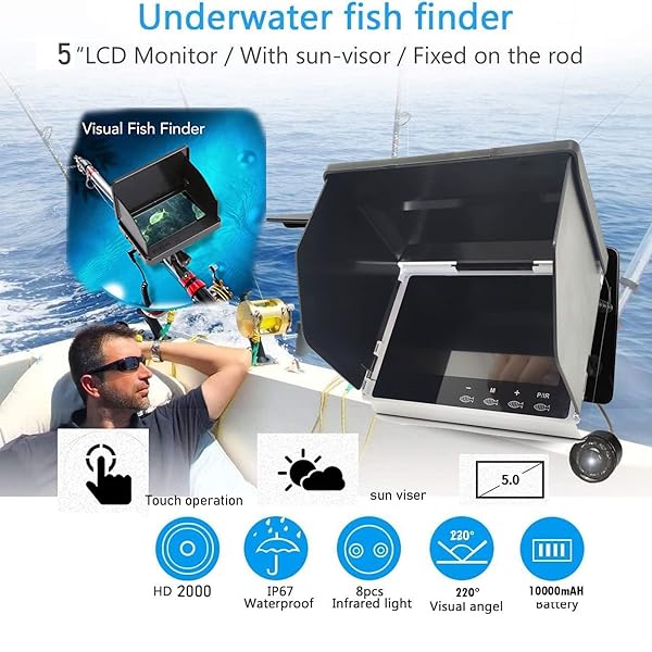 ASVEGE 5 Inch Underwater Fishing Camera Portable LCD Monitor HD Fish Finder IP67 Waterproof 800x480 with Sun Visor 2000cd Brightness 30m Cable Ideal Gift - View 4 of 10