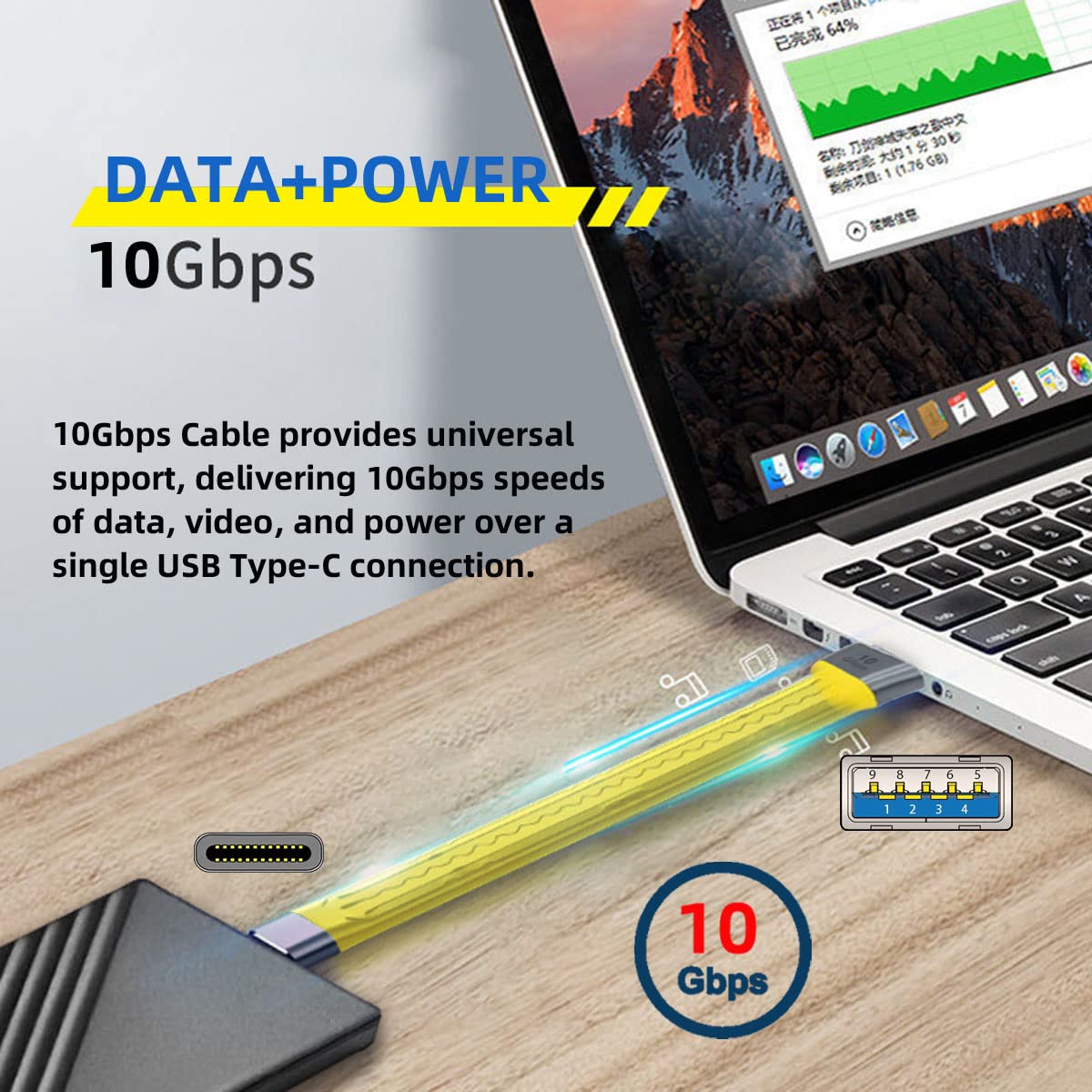 CY CY Yellow 10Gbps USB 3.1 Type C to USB 3.0 Type A Flat Slim Data Cable 13cm for Laptop and Phone - View 6 of 9