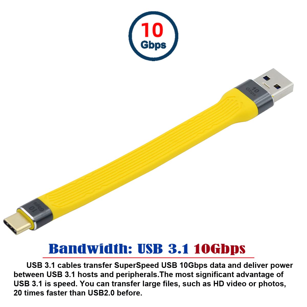 CY CY Yellow 10Gbps USB 3.1 Type C to USB 3.0 Type A Flat Slim Data Cable 13cm for Laptop and Phone - View 7 of 9
