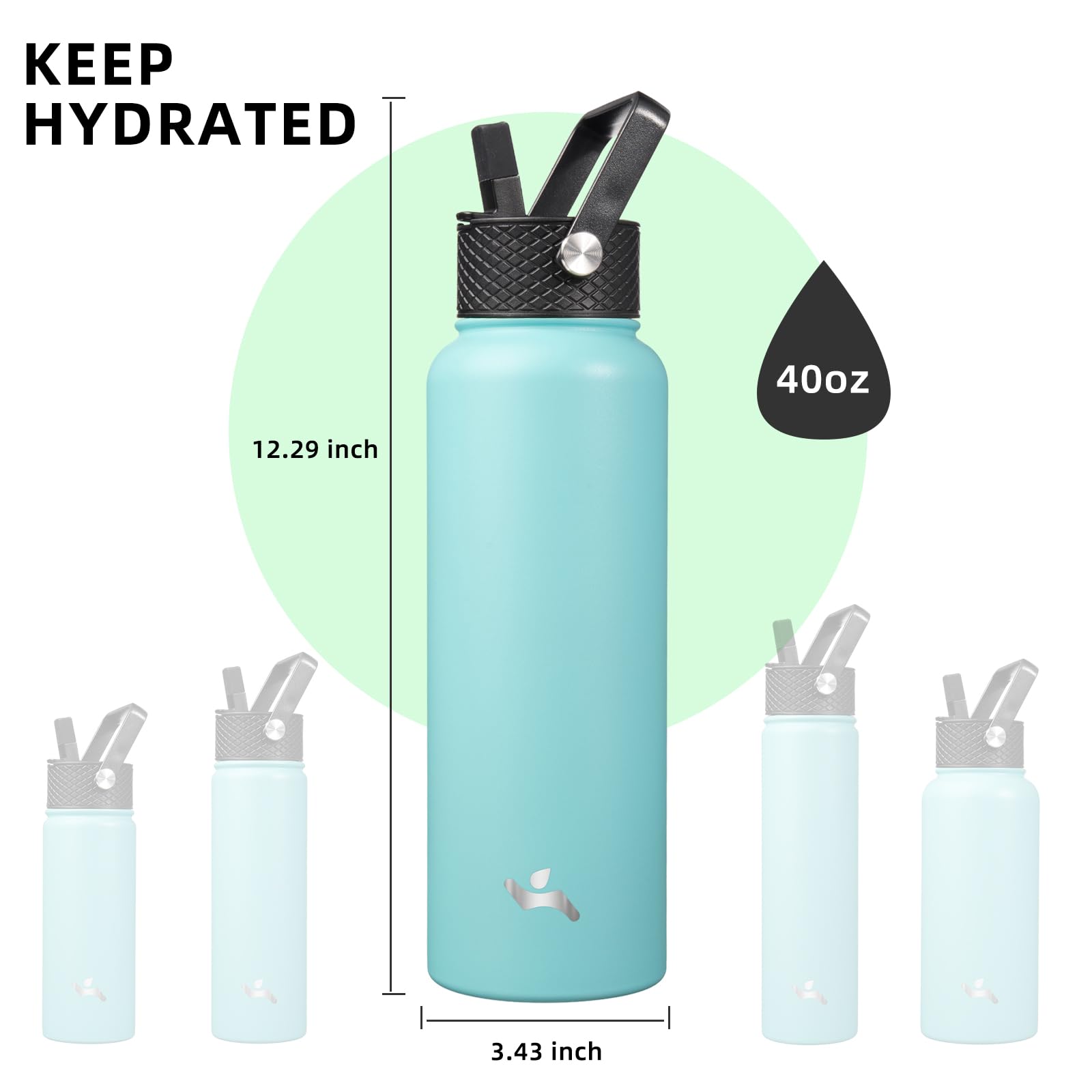 Konokyo Konokyo 40oz Insulated Stainless Steel Water Bottle with 3 Lids in Turquoise for Sports and Outdoor Activities - View 5 of 7