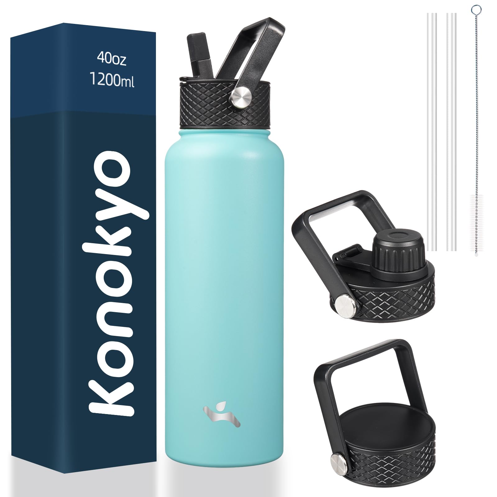 Konokyo Konokyo 40oz Insulated Stainless Steel Water Bottle with 3 Lids in Turquoise for Sports and Outdoor Activities