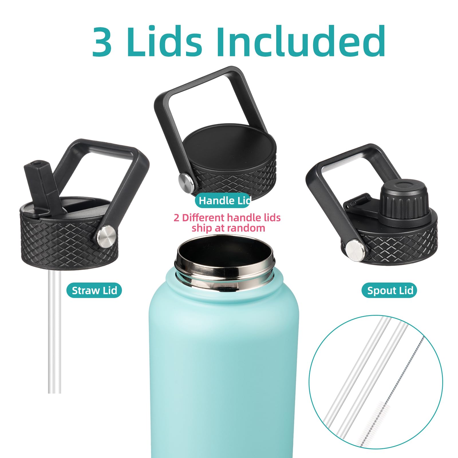 Konokyo Konokyo 32 oz Insulated Stainless Steel Water Bottle with 3 Lids in Turquoise for Sports and Outdoor Activities - View 3 of 7