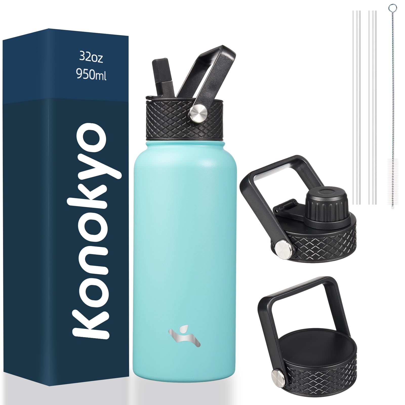 Konokyo Konokyo 32 oz Insulated Stainless Steel Water Bottle with 3 Lids in Turquoise for Sports and Outdoor Activities