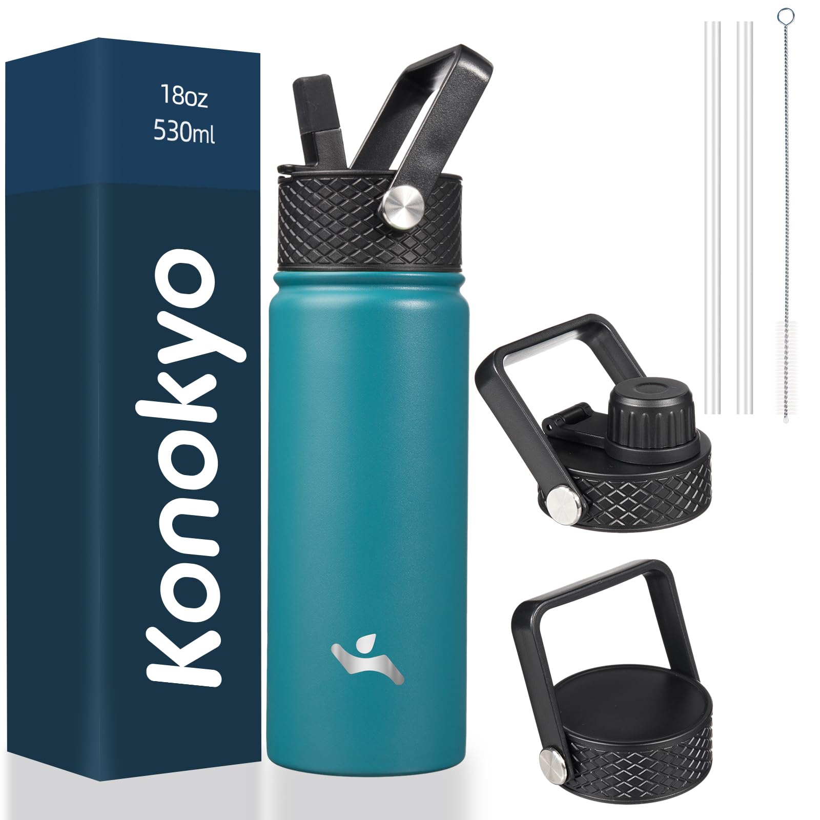 Konokyo Konokyo 18 oz Insulated Stainless Steel Water Bottle with 3 Lids in Light Blue for Sports and Outdoor Activities