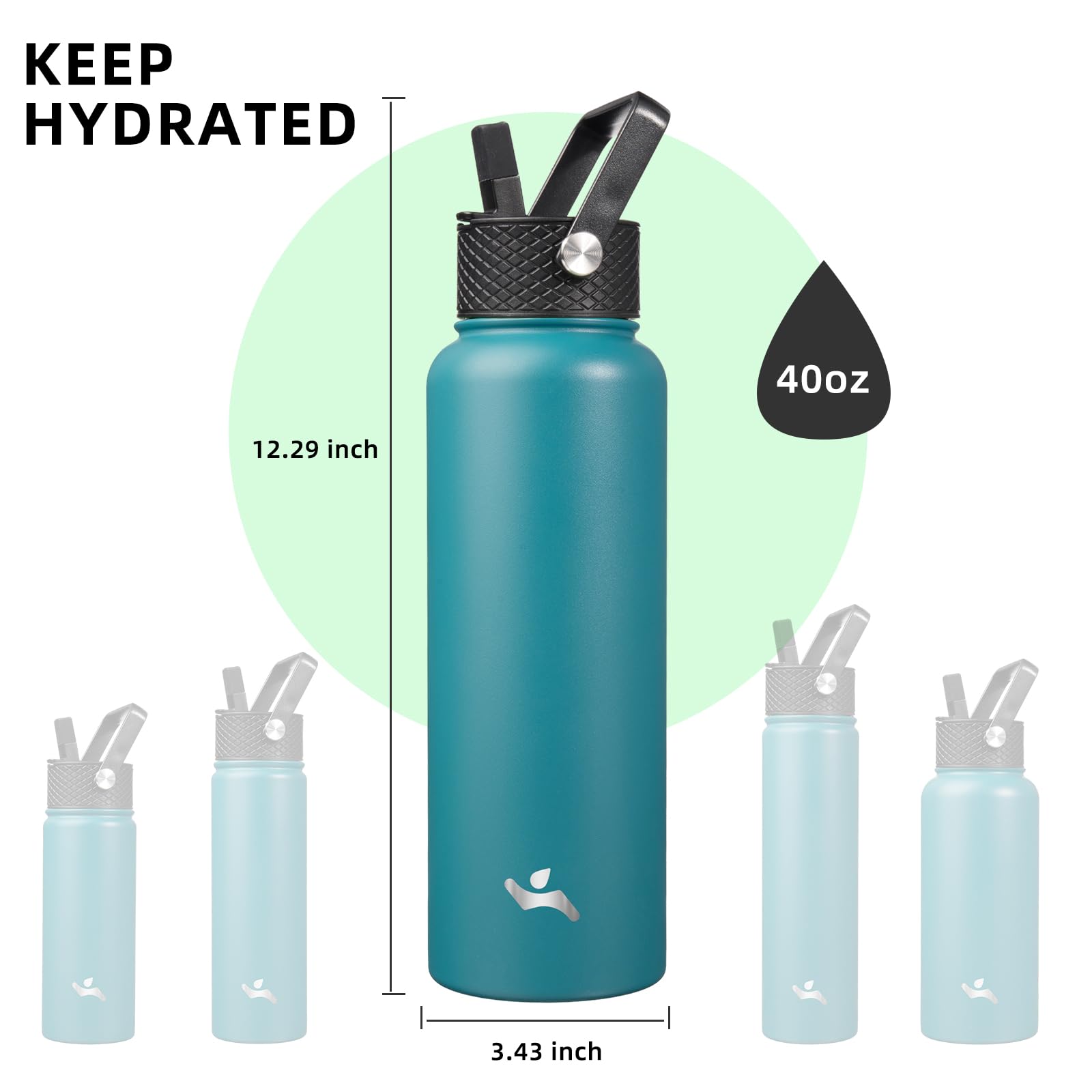 Konokyo Konokyo 40oz Insulated Stainless Steel Water Bottle with 3 Lids in Light Blue for Sports and Outdoor Activities - View 5 of 7