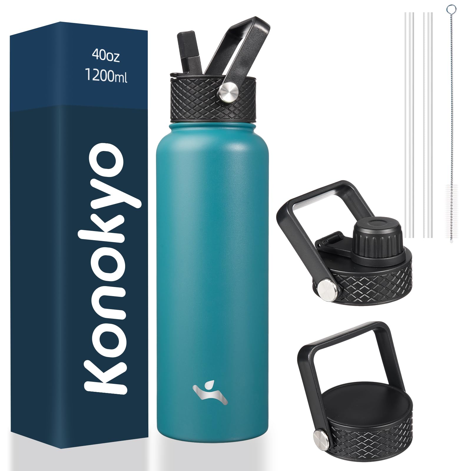 Konokyo Konokyo 40oz Insulated Stainless Steel Water Bottle with 3 Lids in Light Blue for Sports and Outdoor Activities