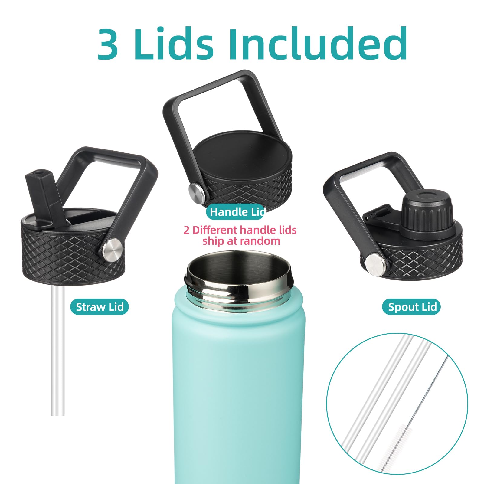 Konokyo Konokyo 24oz Insulated Stainless Steel Water Bottle with 3 Lids in Turquoise for Sports and Outdoor Activities - View 3 of 6