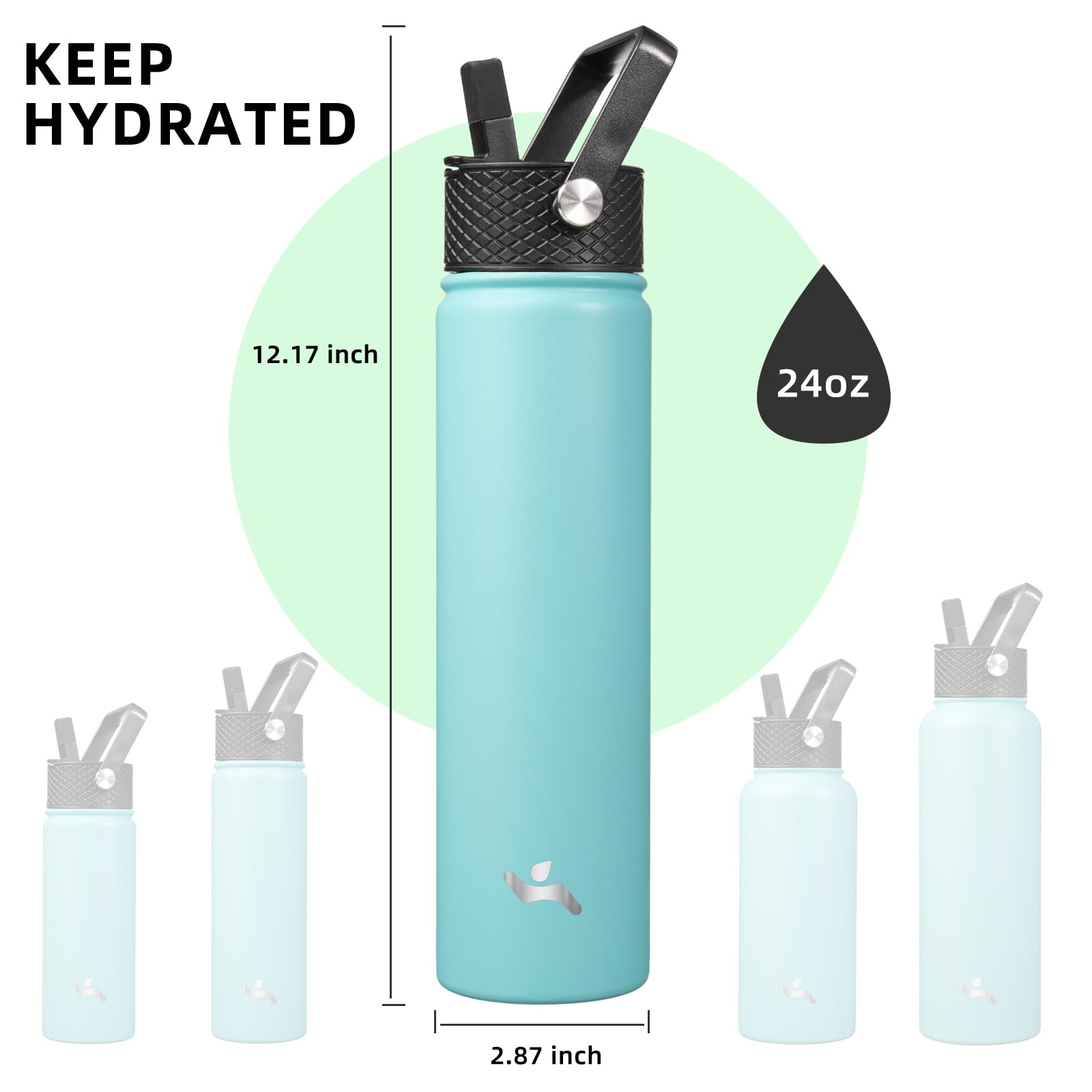 Konokyo Konokyo 24oz Insulated Stainless Steel Water Bottle with 3 Lids in Turquoise for Sports and Outdoor Activities - View 5 of 6